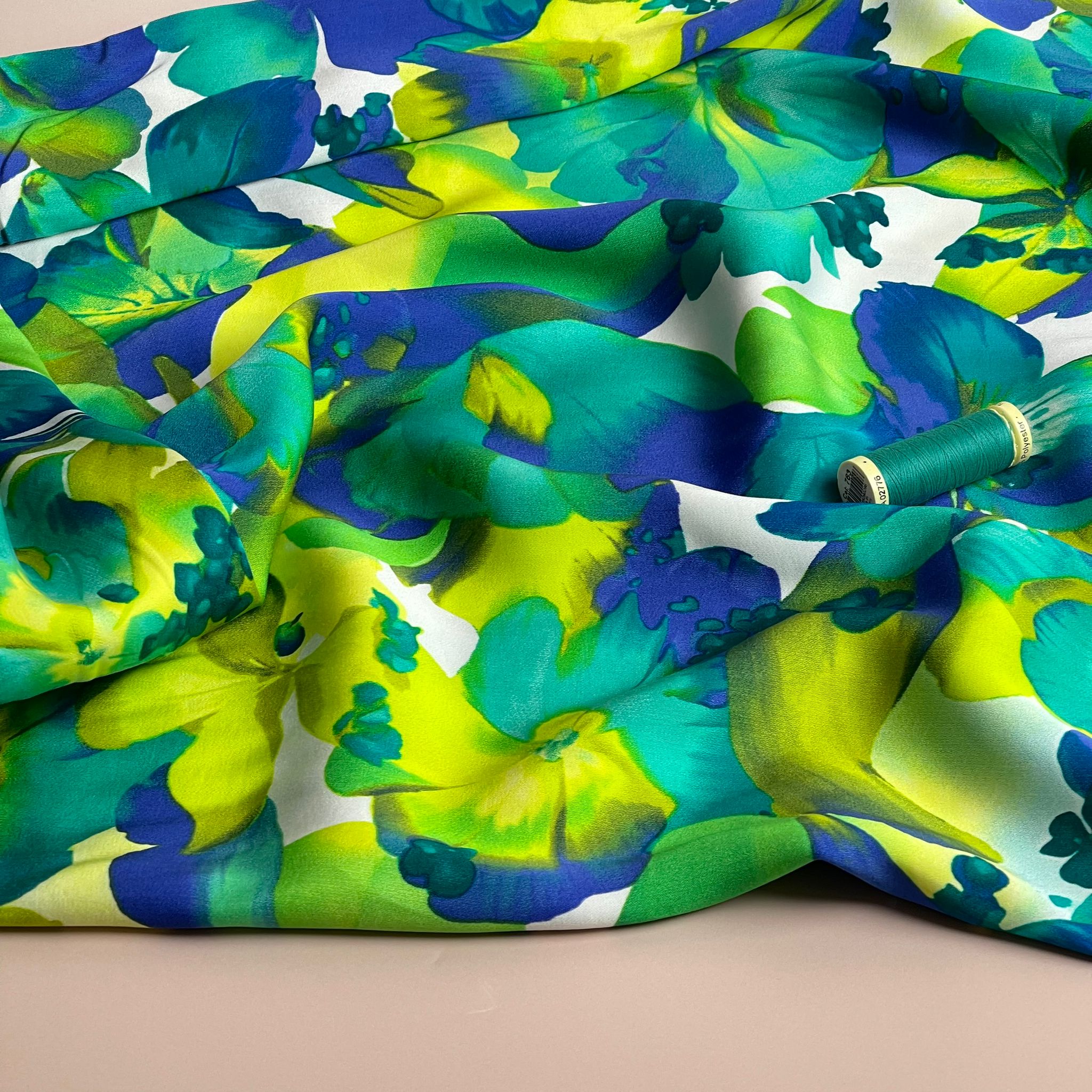 Vibrant Blooms in Cobalt and Lime Viscose Sateen Fabric