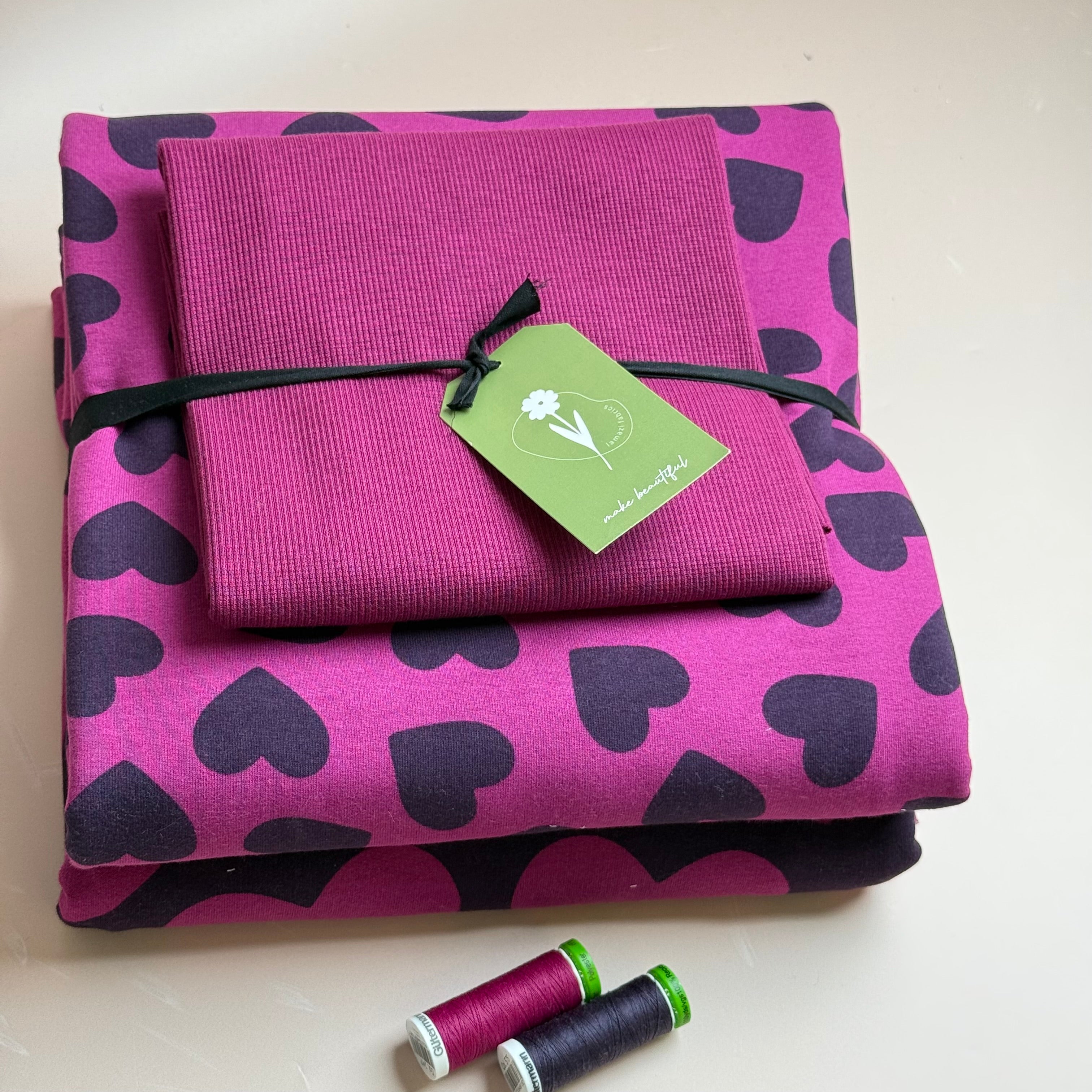 Make an Outfit Colour Bundle - Purple Hearts Peach Soft Cotton Sweat-shirting with Ribbing