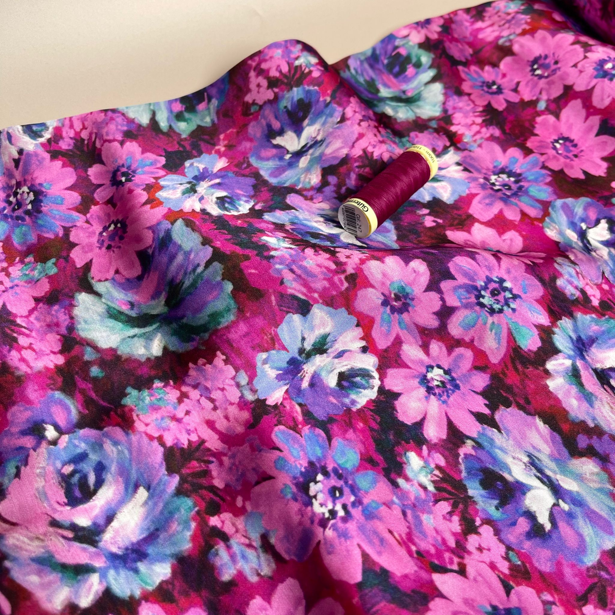 Magenta Meadow Viscose Sateen Fabric