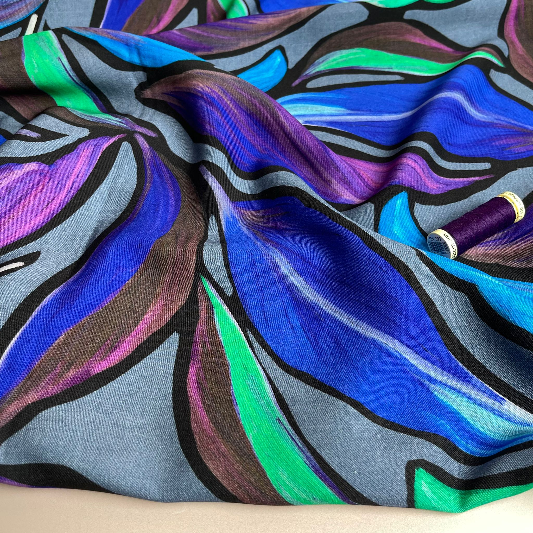 REMNANT 1.60 metres (with 3mm white spot at 45cm in) - Violet Leaves Viscose Twill Fabric