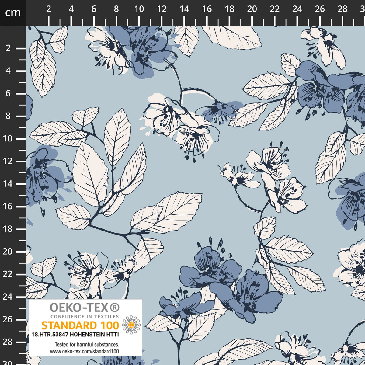 Danish Design - Elegant Florals on Pale Blue Cotton Jersey Fabric