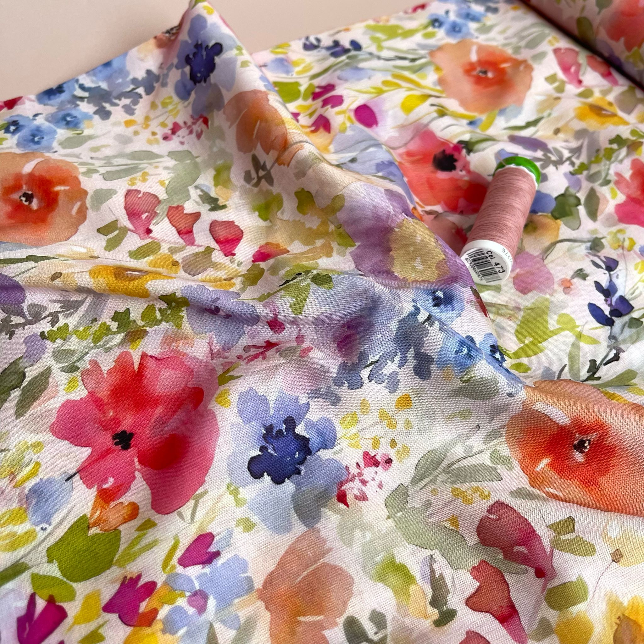 REMNANT 2.8 Metres - Watercolour Spring Meadow Cotton Voile Fabric