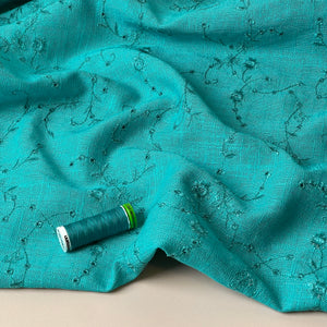 Floral Vines on Aqua Embroidered Viscose Linen Fabric