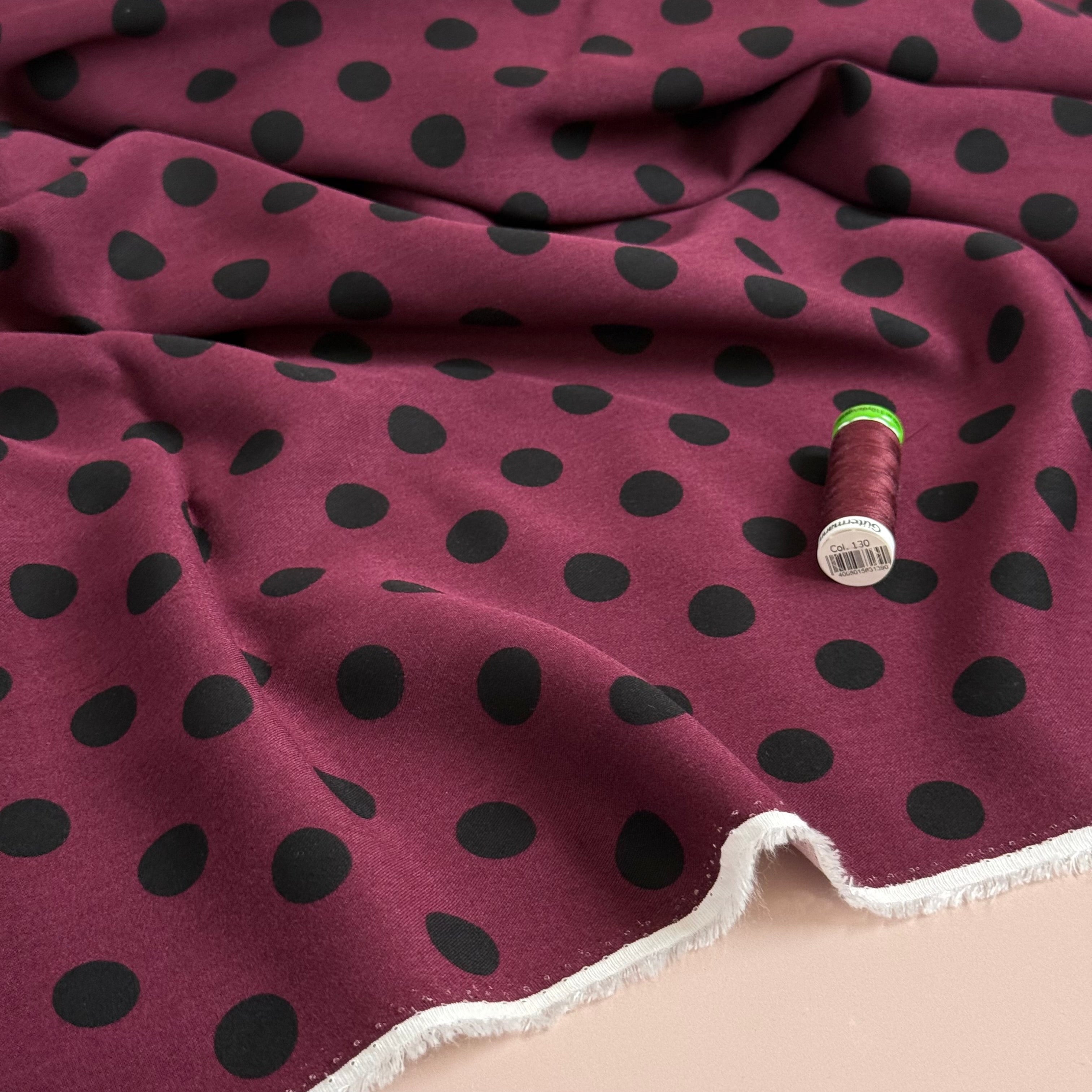 Classic Polka Wine Viscose Twill Fabric