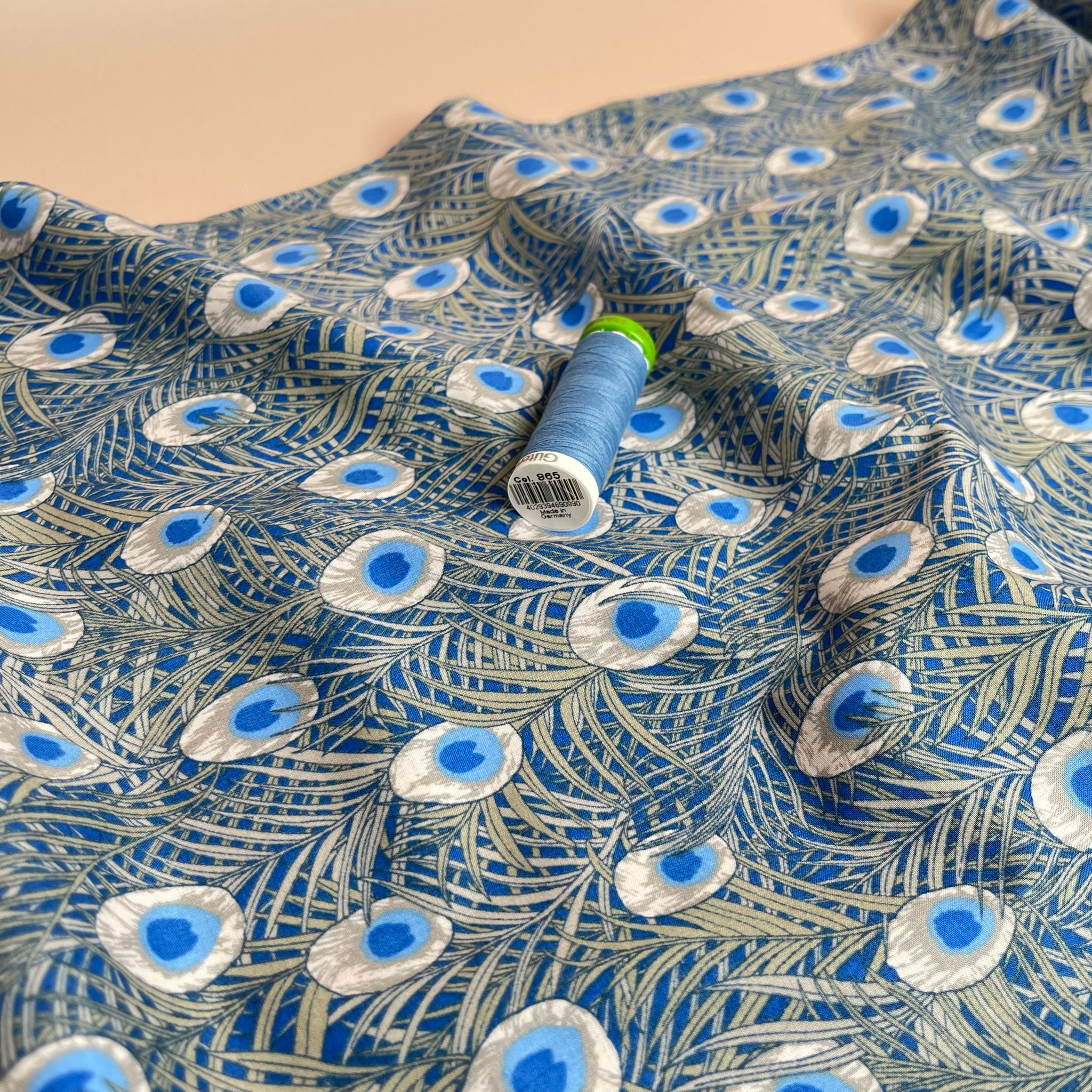 Peacock in Blue Cotton Lawn Fabric