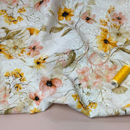 Coral & Gold Flowers on Embroidered White Cotton Voile Fabric