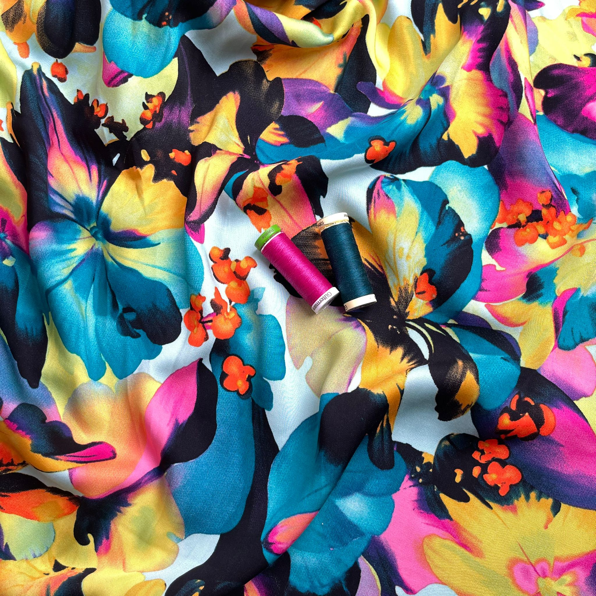 REMNANT 1.00 Metre - Vibrant Blooms in Turquoise and Pink Viscose Sateen Fabric