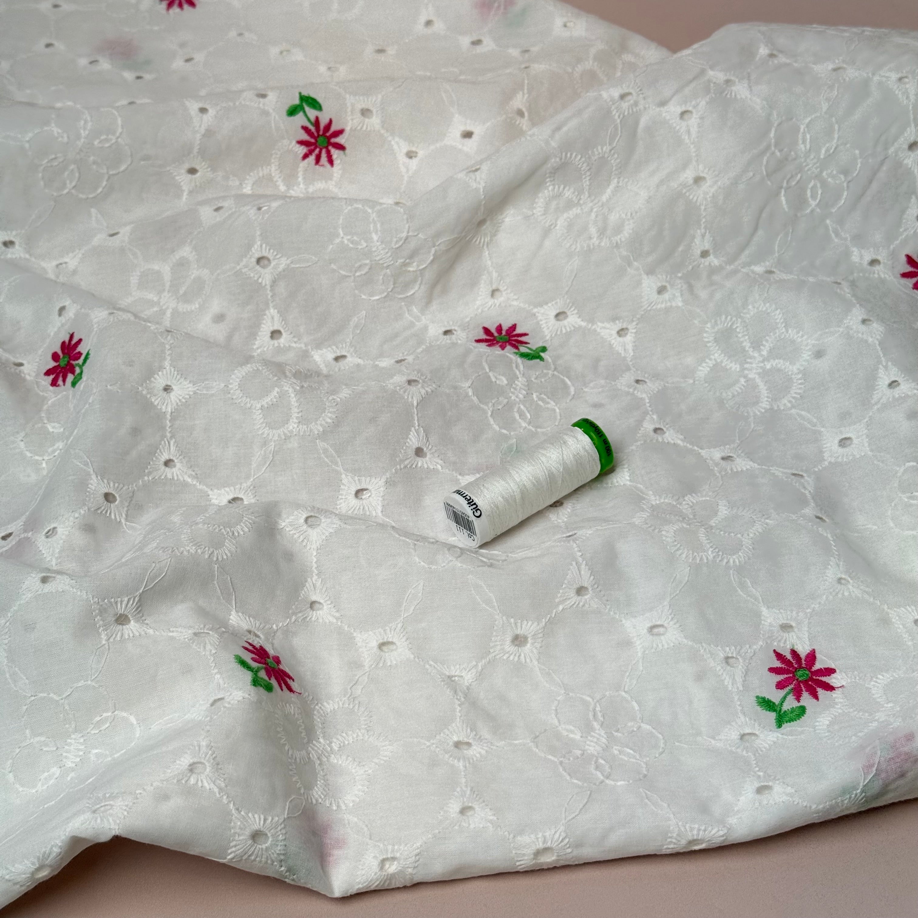 Embroidered Asters White Cotton Voile Fabric