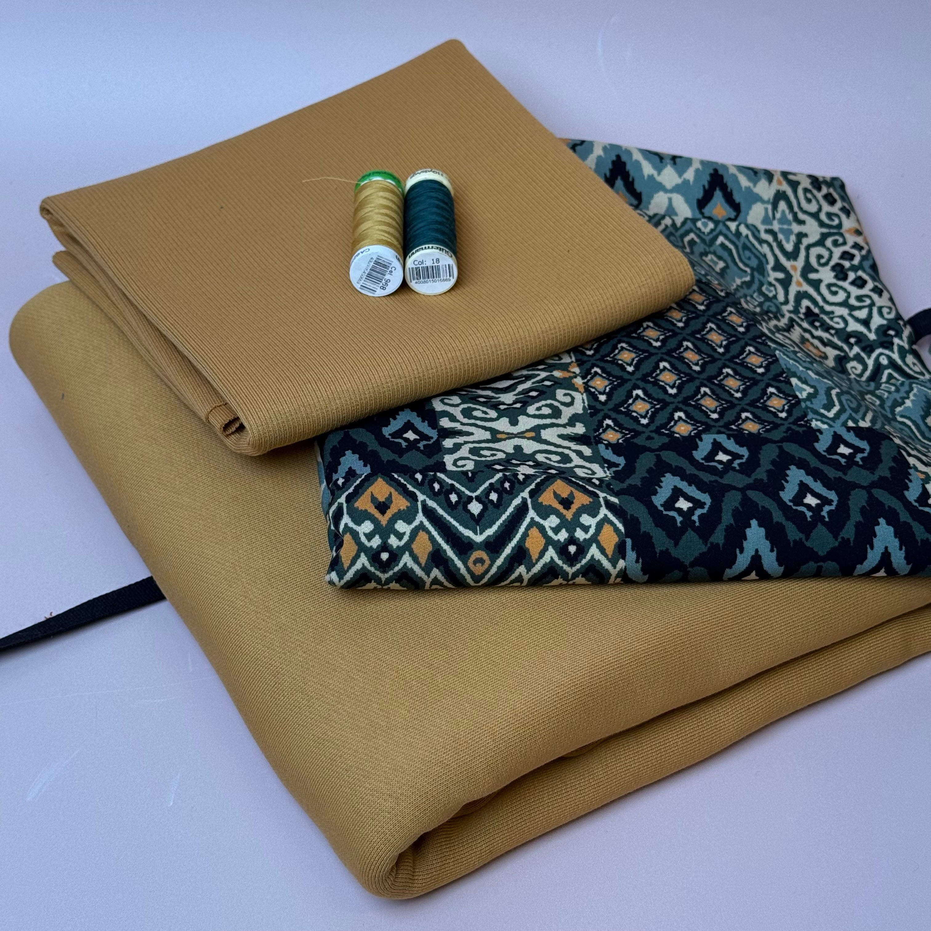 Make an Outfit Colour Bundle - Vintage Patchwork Green Viscose & Brushed Sweatshirt in Dry Mustard with Ribbing