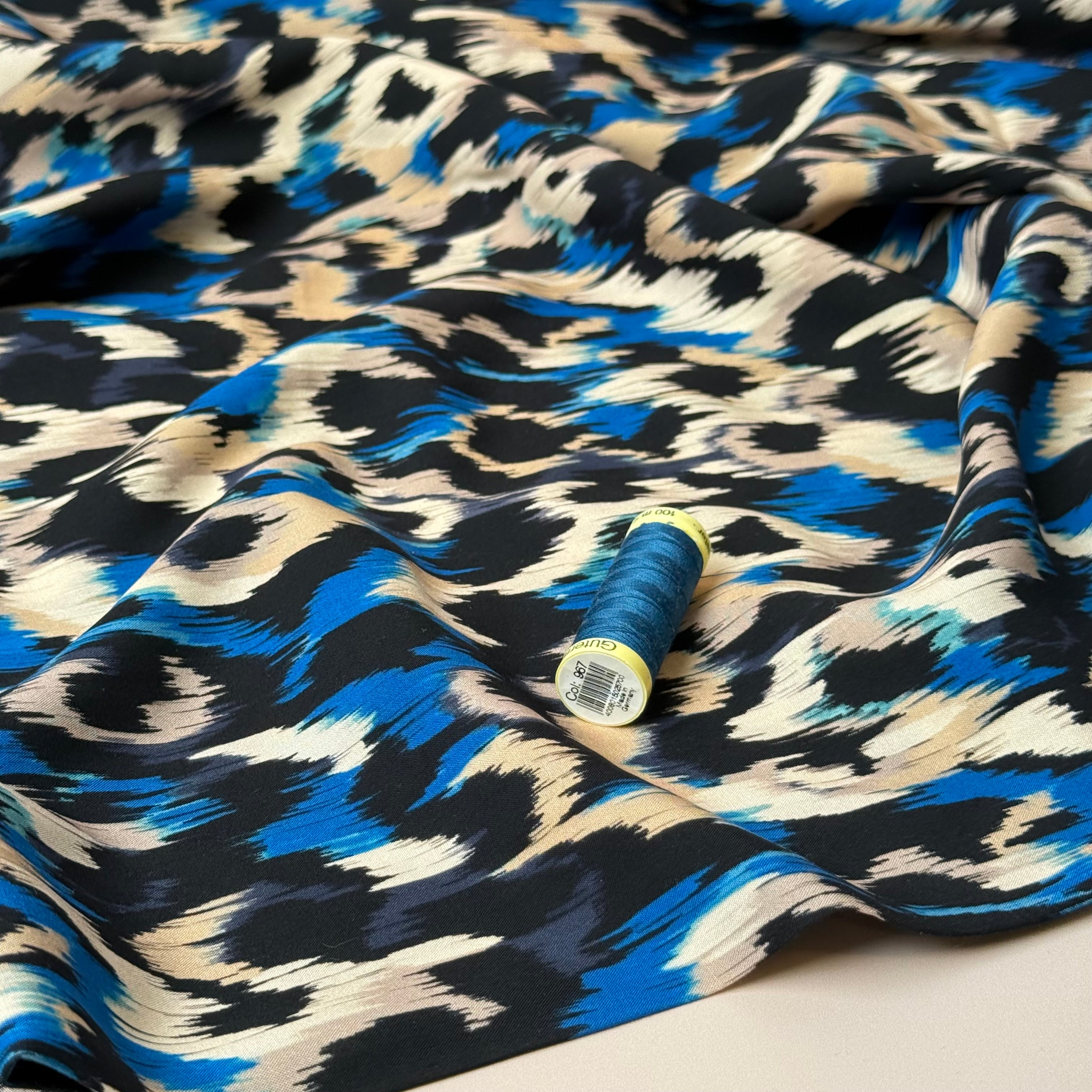Abstract Animal Blue Viscose Poplin Fabric