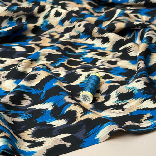 Abstract Animal Blue Viscose Poplin Fabric