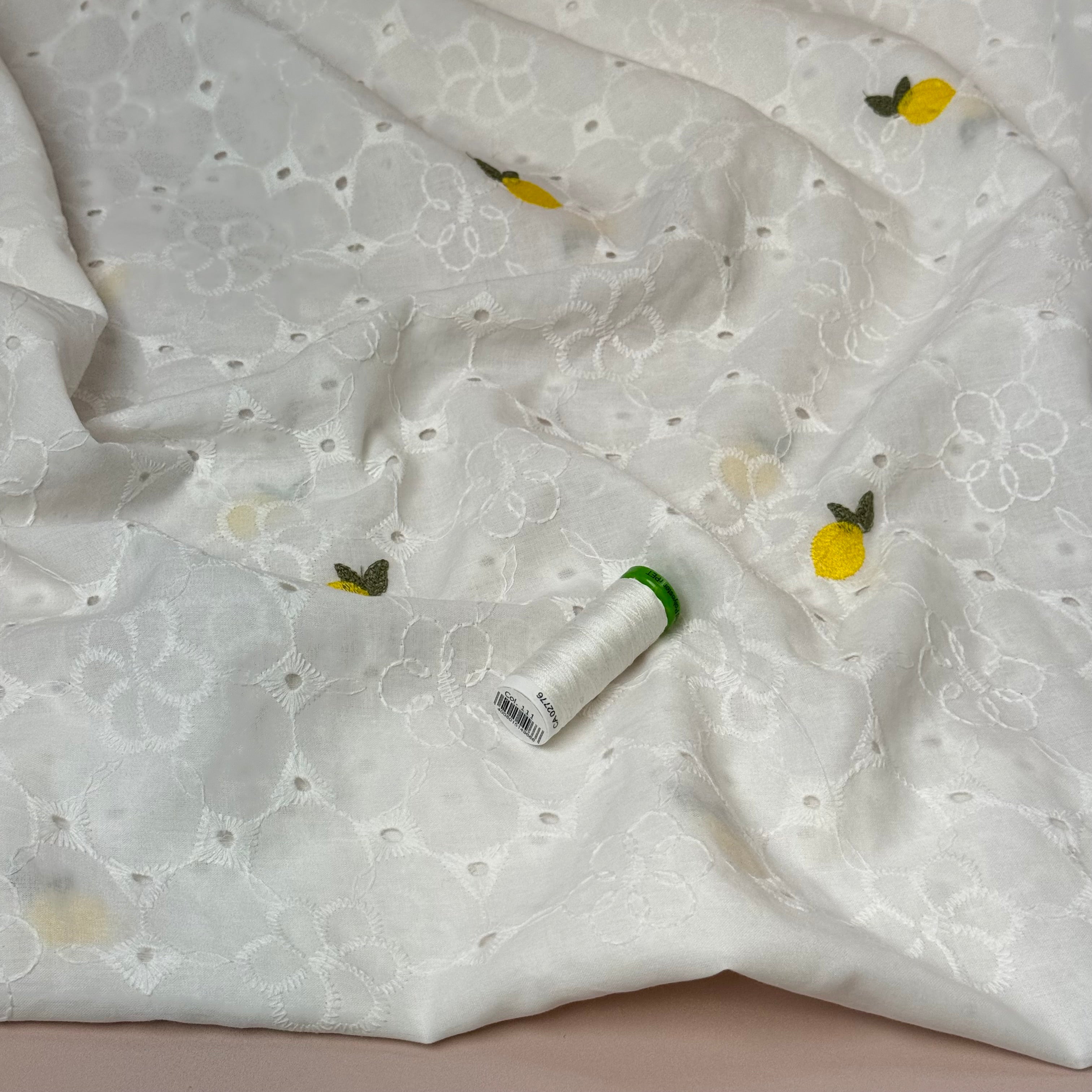 Embroidered Lemons White Cotton Voile Fabric