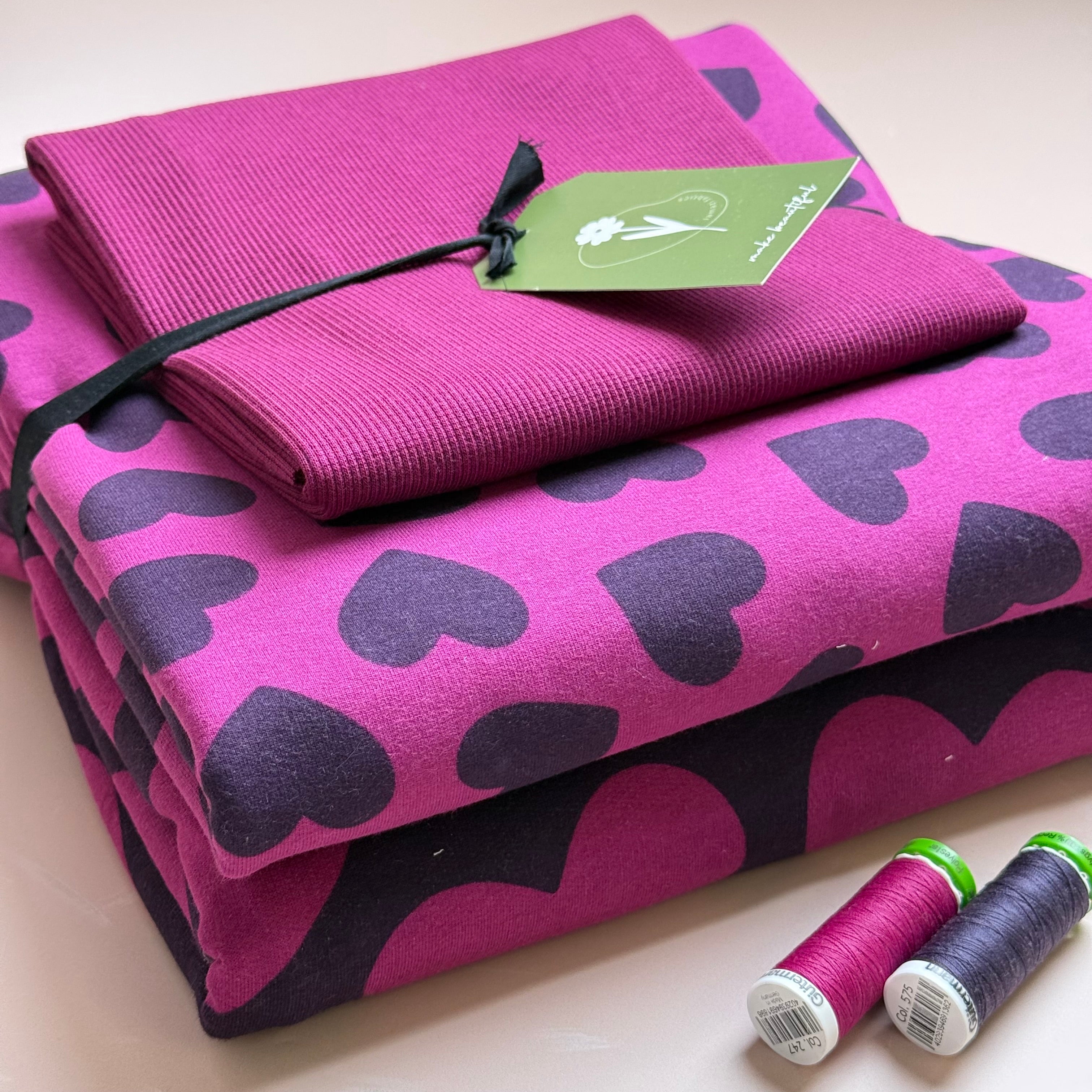 Make an Outfit Colour Bundle - Purple Hearts Peach Soft Cotton Sweat-shirting with Ribbing