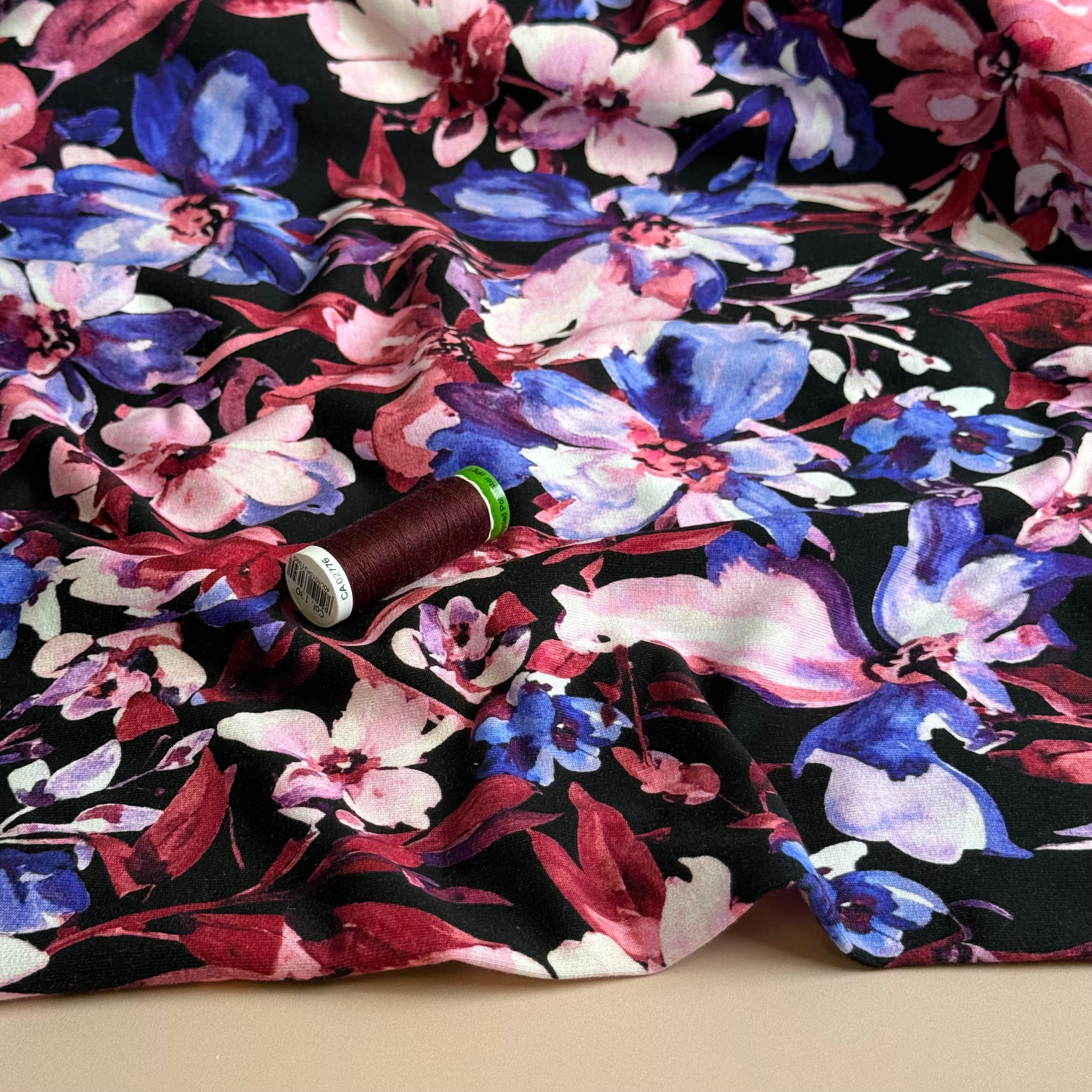 Purple Flowers Black Cotton Sweat-shirting Fabric