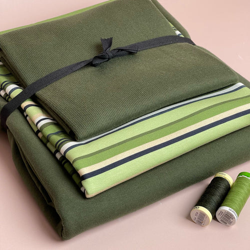 Make an Outfit Colour Bundle - Meadow Green Stripes Cotton Jersey with French Terry & Ribbing