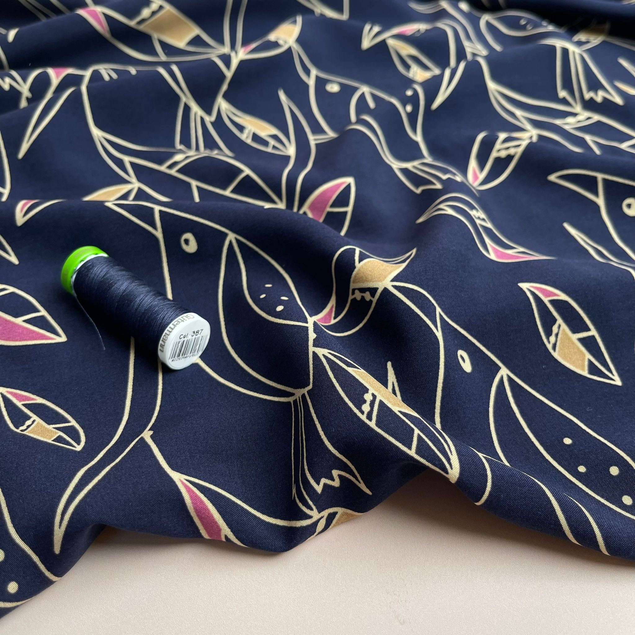 REMNANT 2 Metres - Graphic Birds Pink on Navy Viscose Poplin Fabric