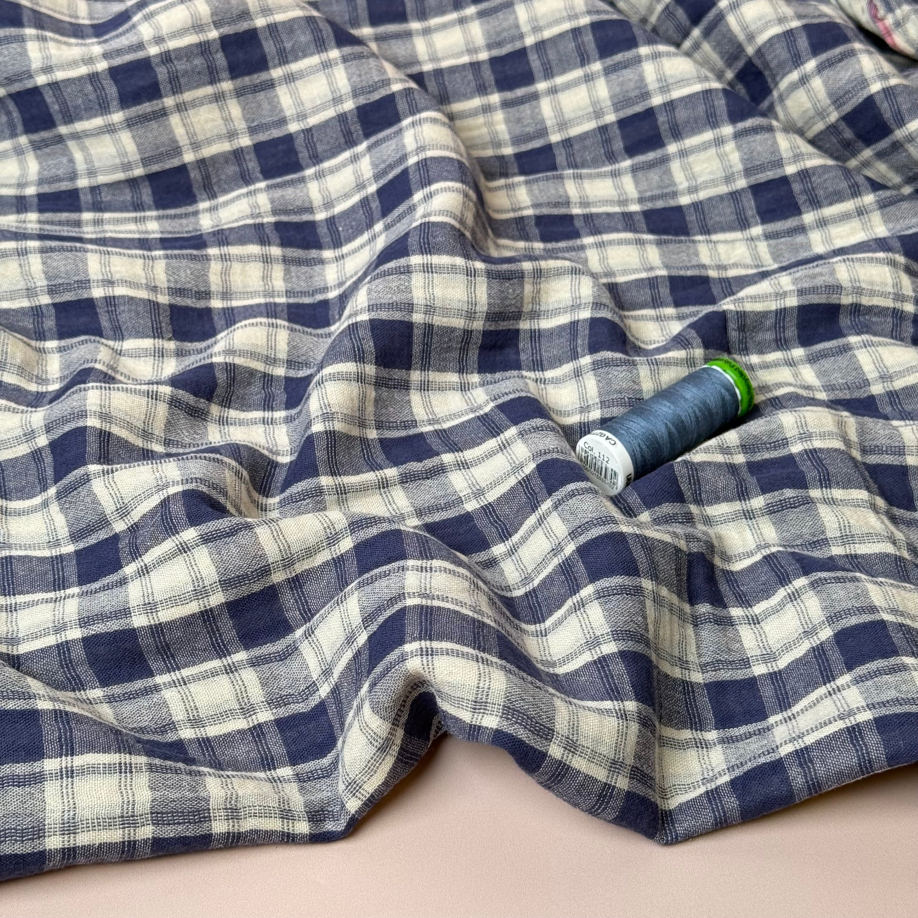 Reversible Blue Checks and Stripes Cotton Double Gauze