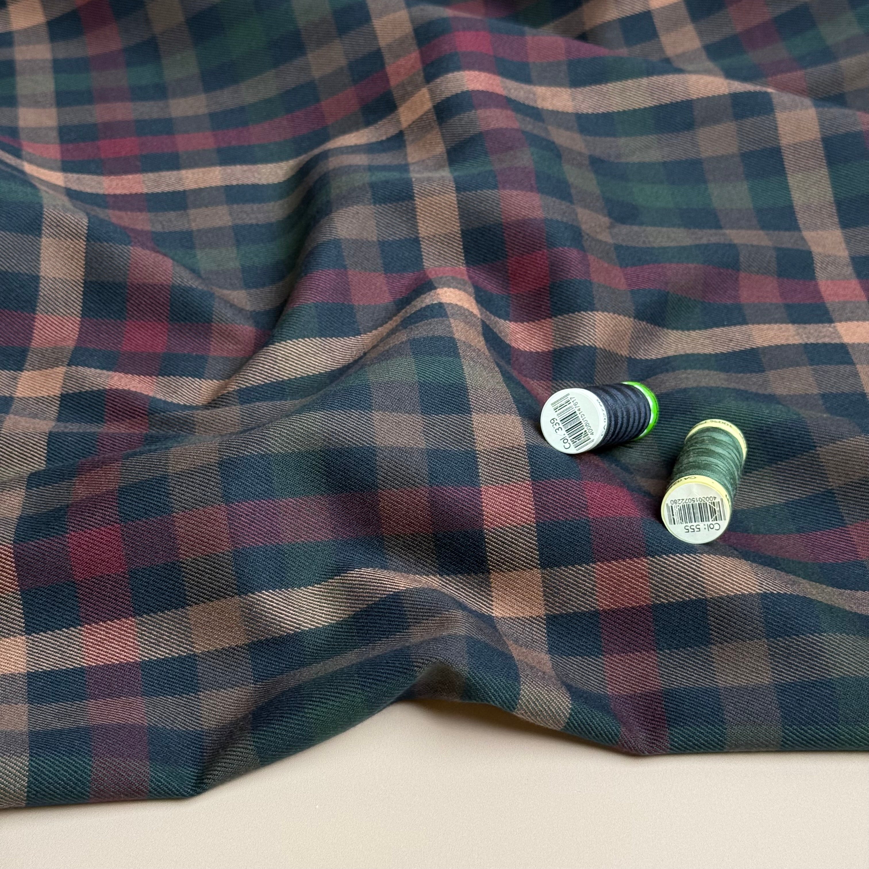 Tartan Check in Navy, Burgundy & Green Viscose Blend Trouser Fabric