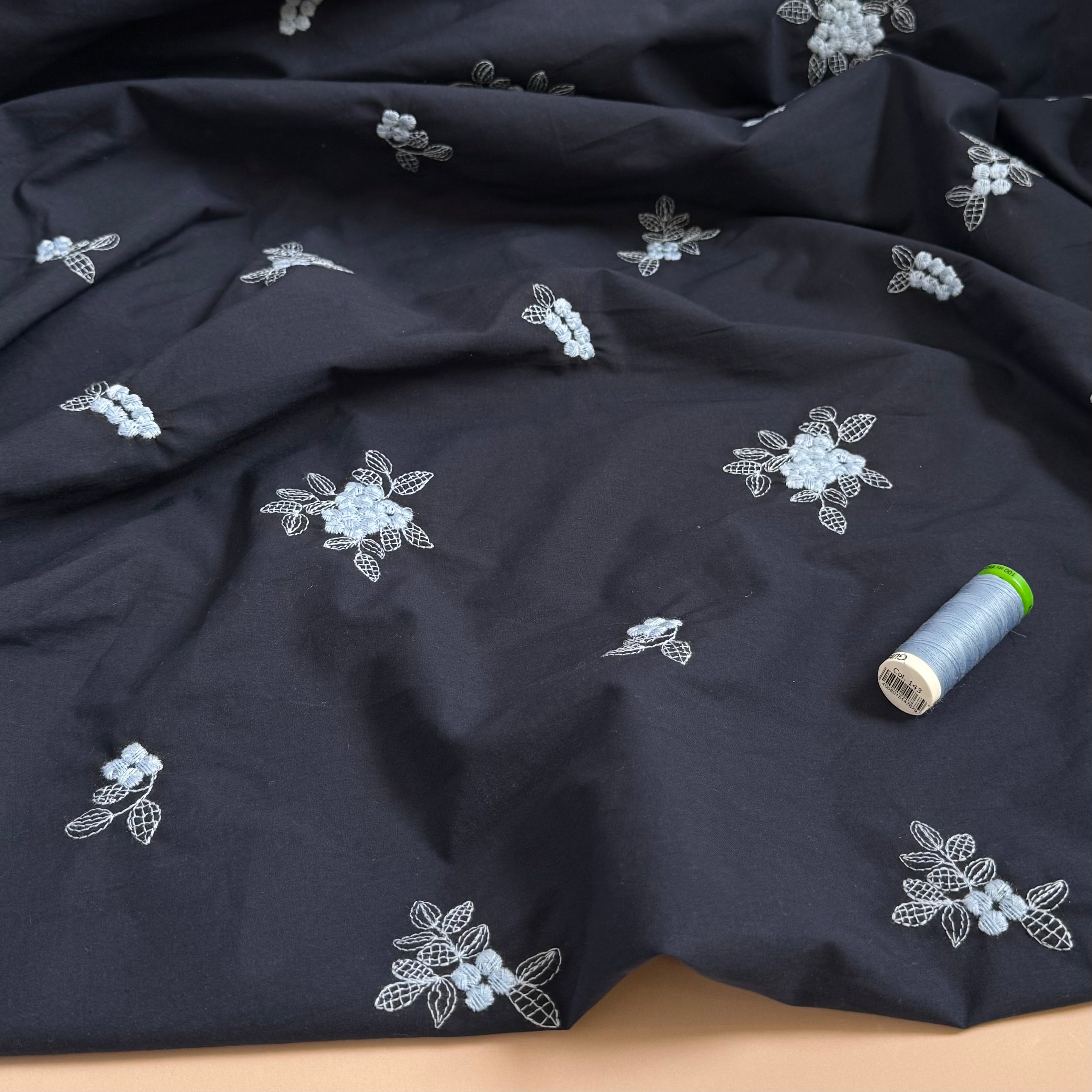 Embroidered Blue Flowers on Navy Cotton Fabric