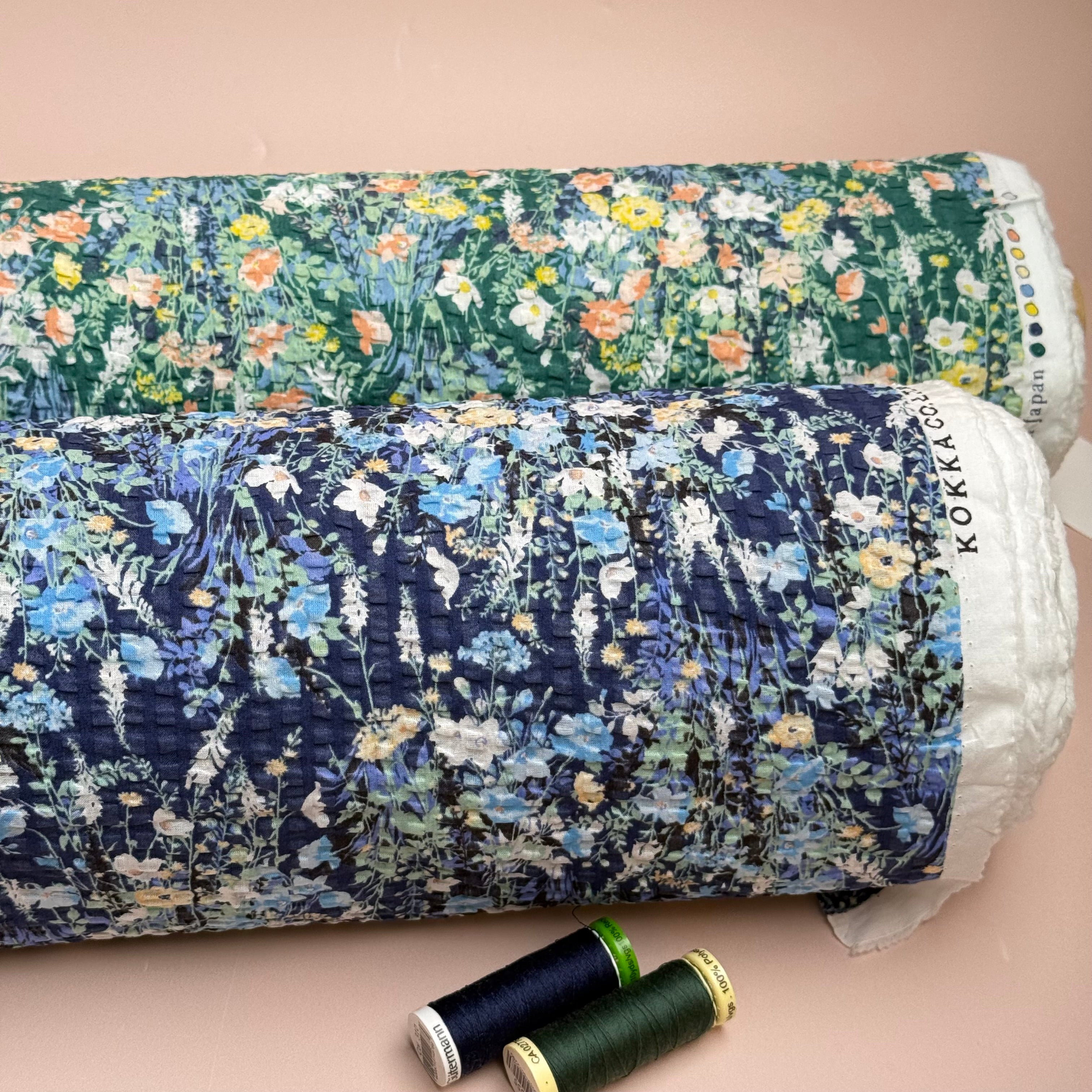 Kokka - Dainty Floral in Green Japanese Cotton Seersucker