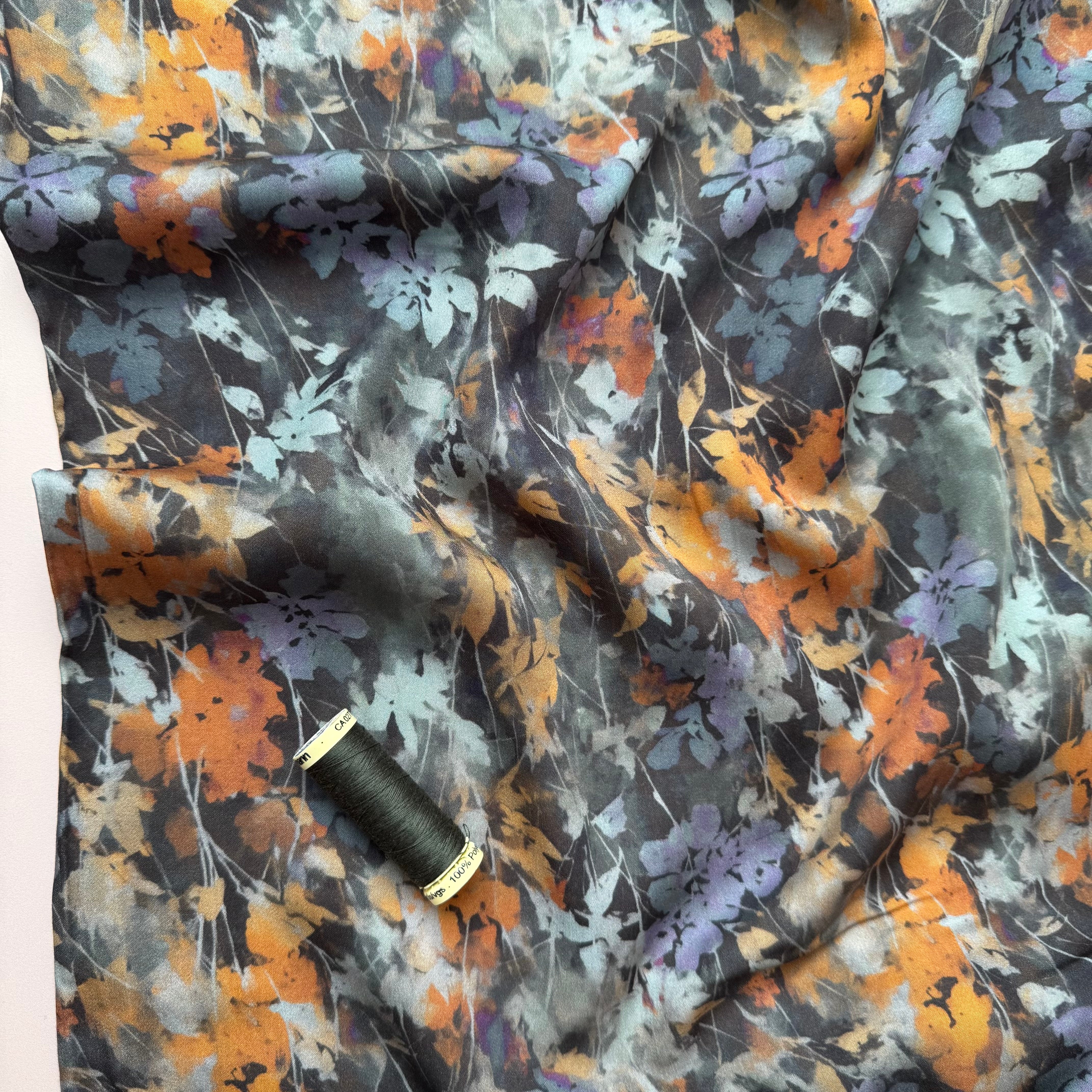 Hazy Autumn Flowers Dark Viscose Sateen Fabric