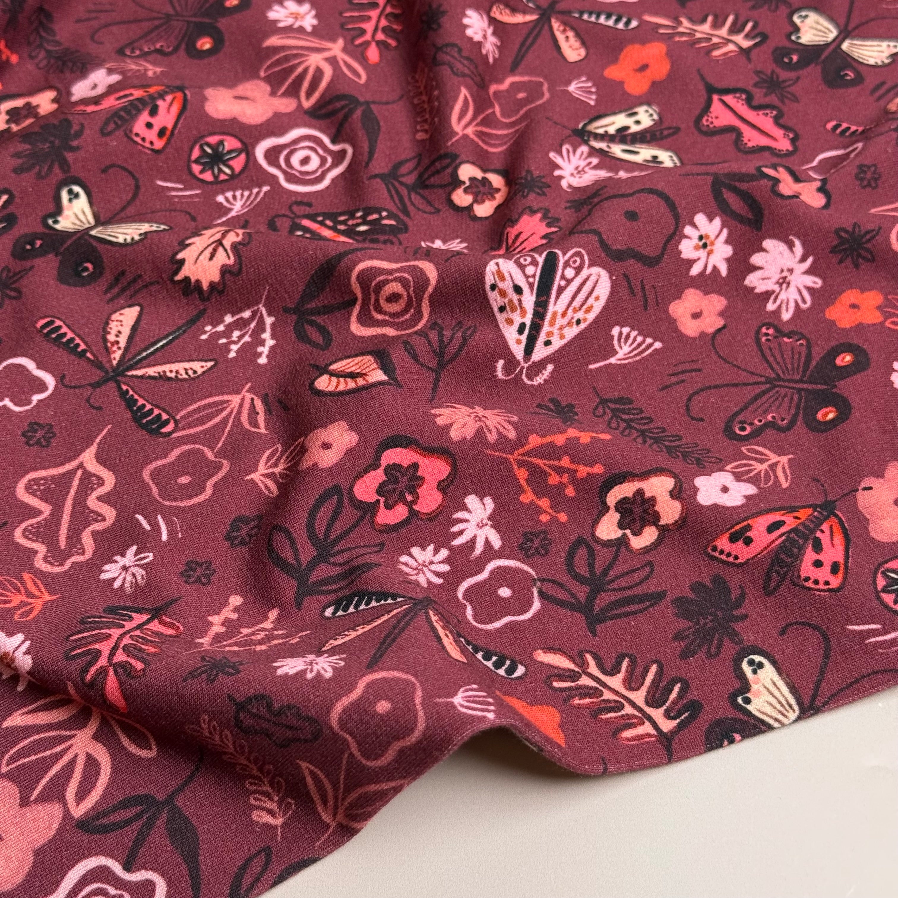 Autumn Doodles Burguny Cotton French Terry Fabric