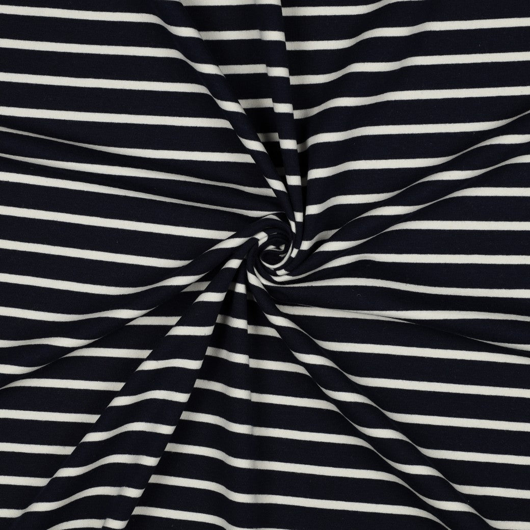 Yarn Dyed Ecru Stripes on Navy Cotton French Terry