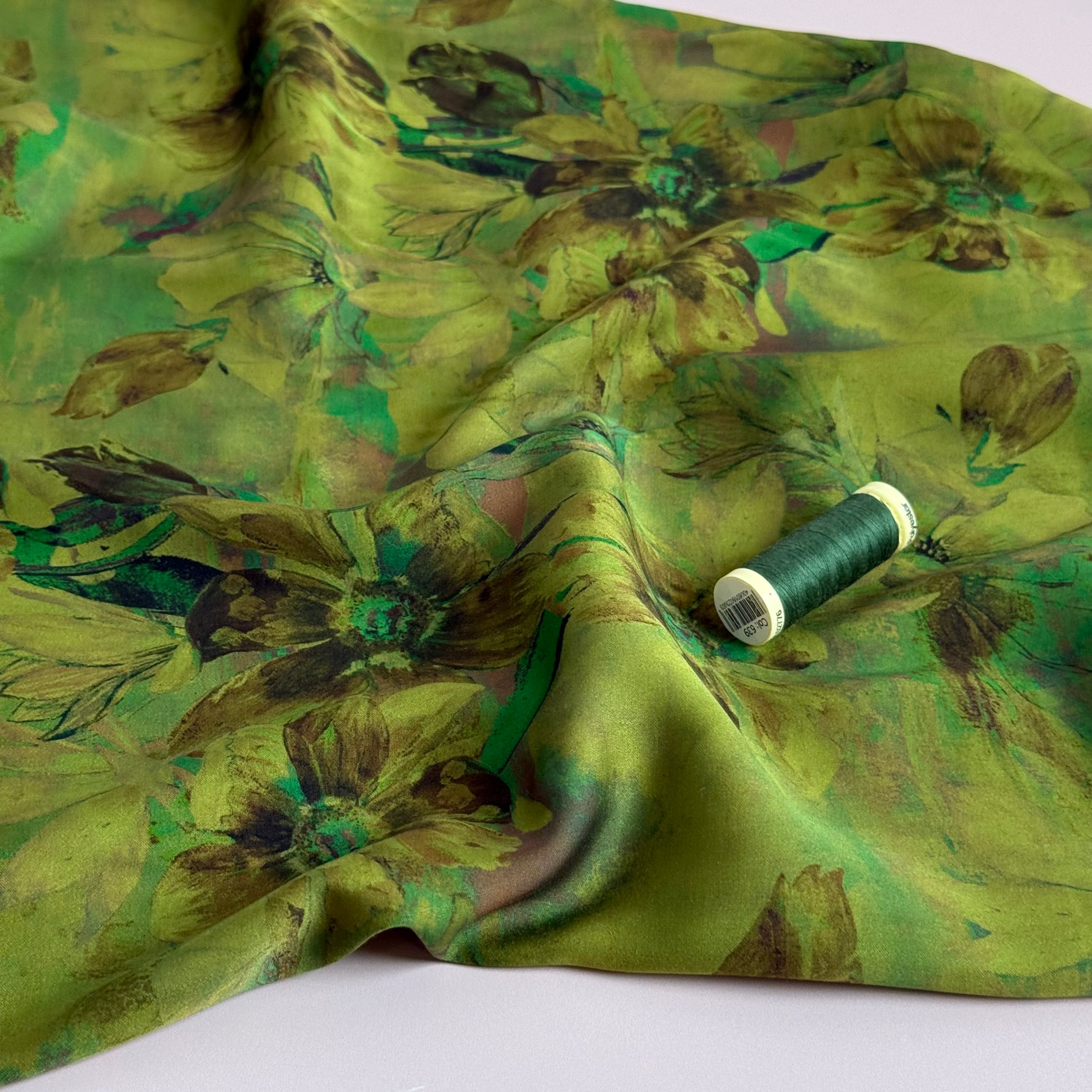 Shadow Flowers Moss Green Viscose Sateen Fabric