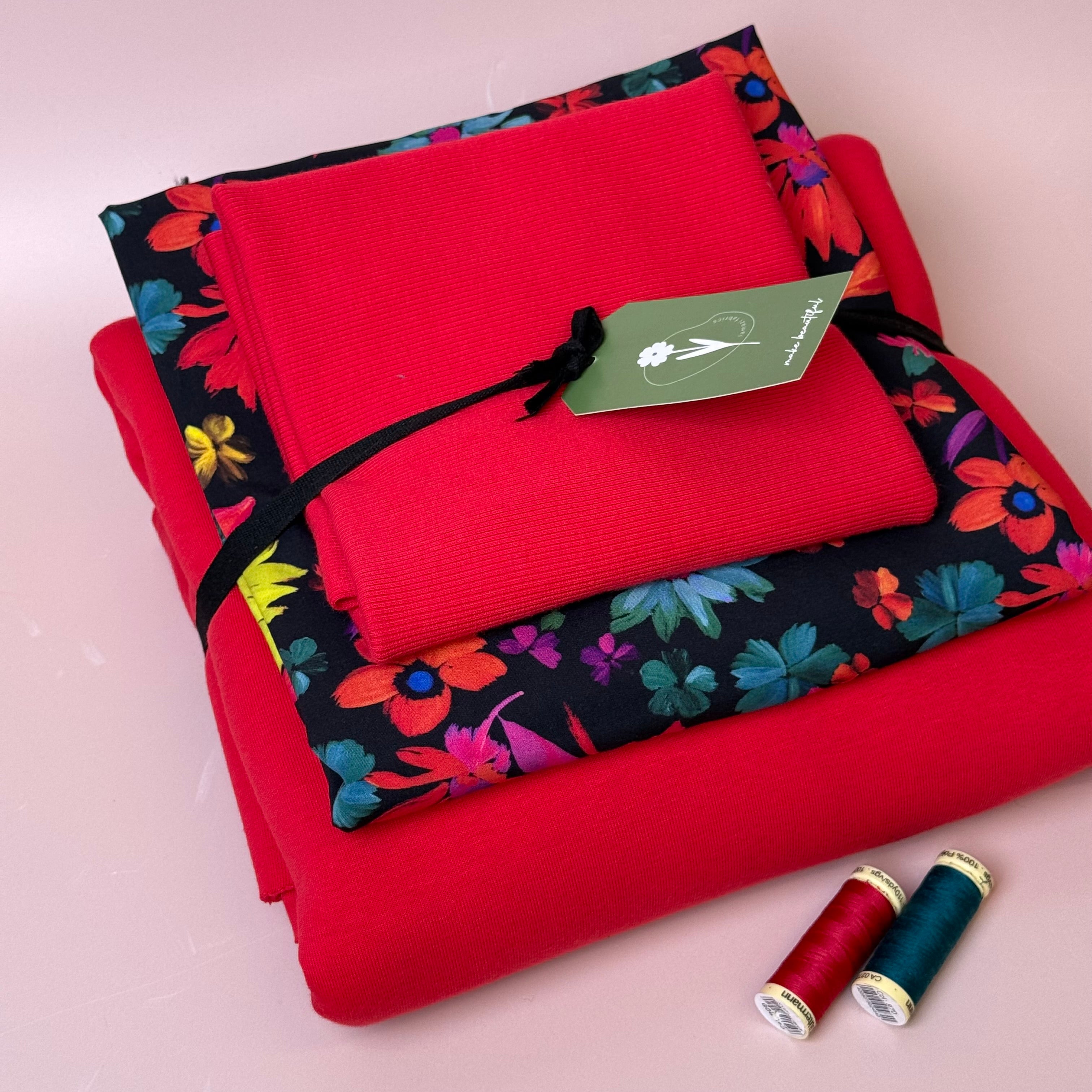 Make an Outfit Colour Bundle - Dopamine Flowers Viscose & Sweatshirting in Red with Ribbing