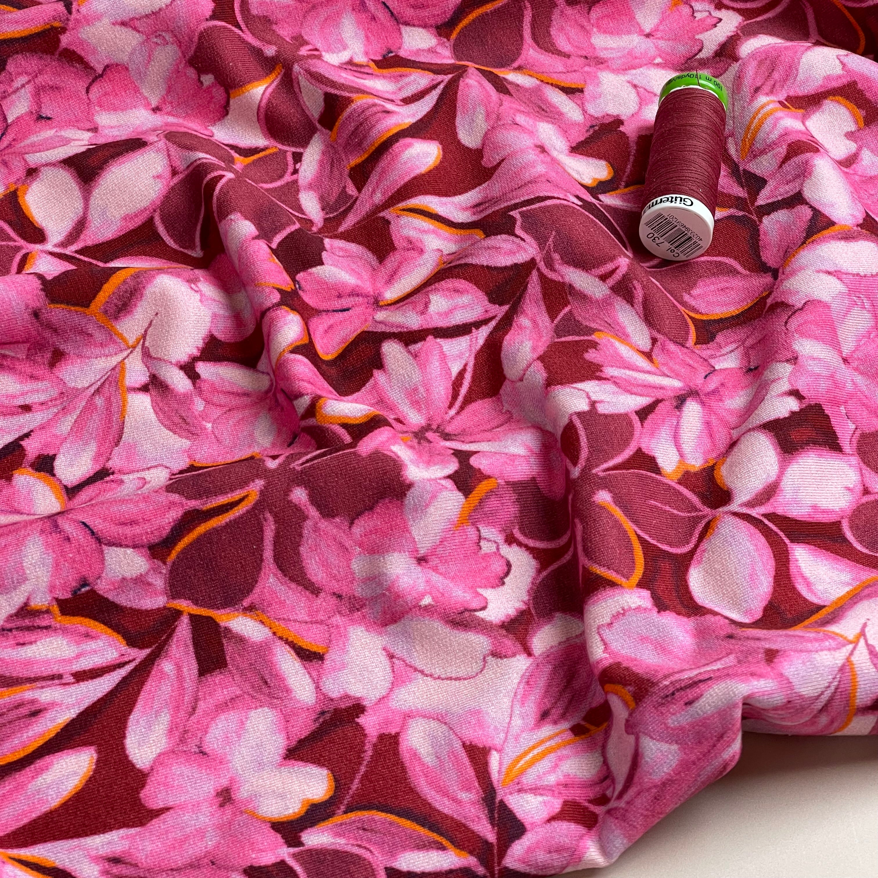 Painted Petals Red Cotton French Terry Fabric