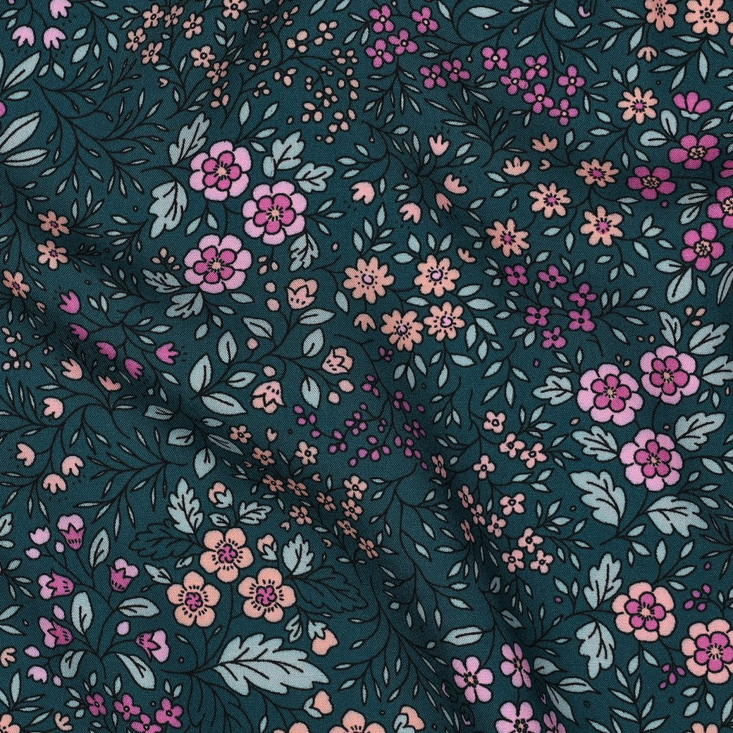Ditsy Flowers on Teal LENZING™ ECOVERO™ Viscose Fabric