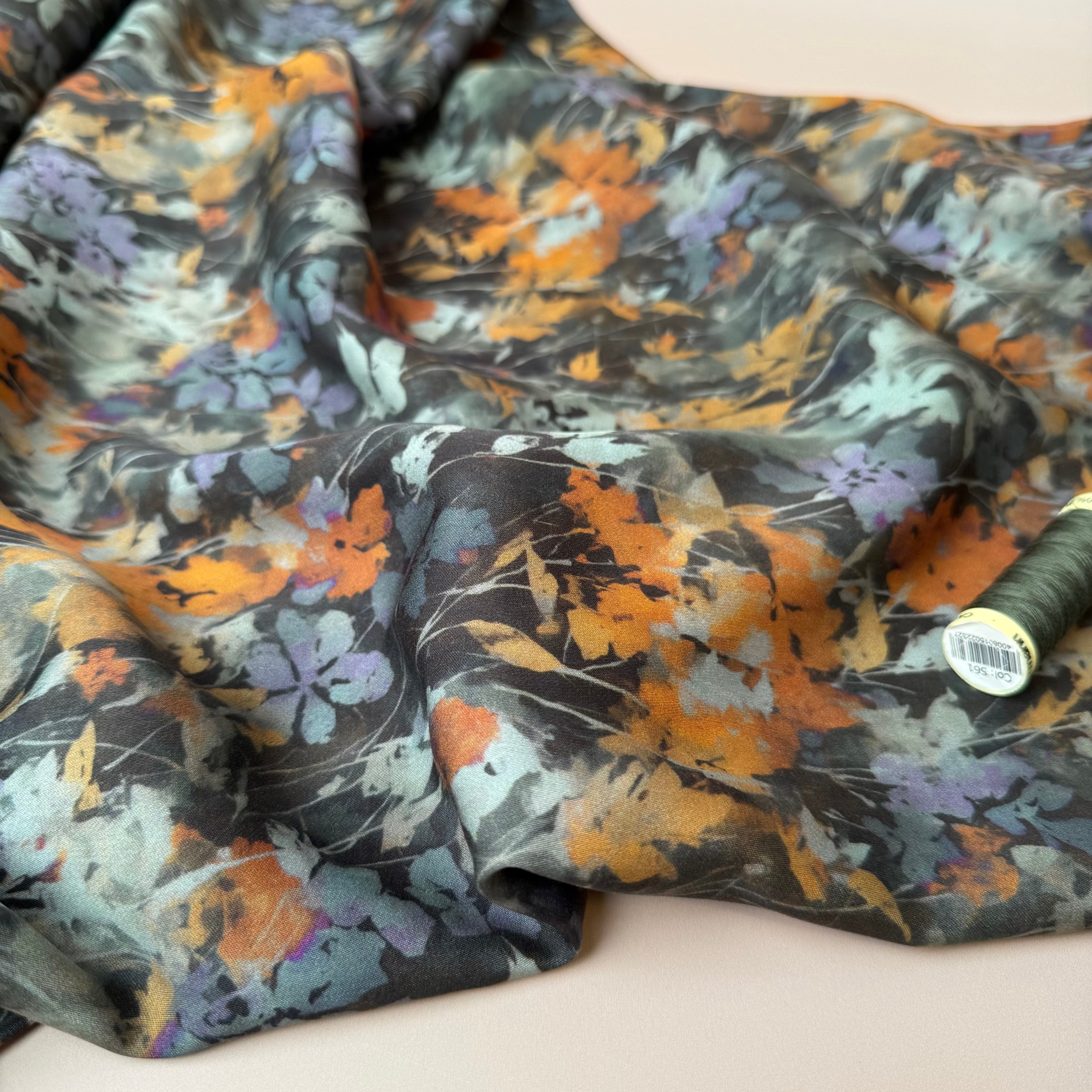 Hazy Autumn Flowers Dark Viscose Sateen Fabric