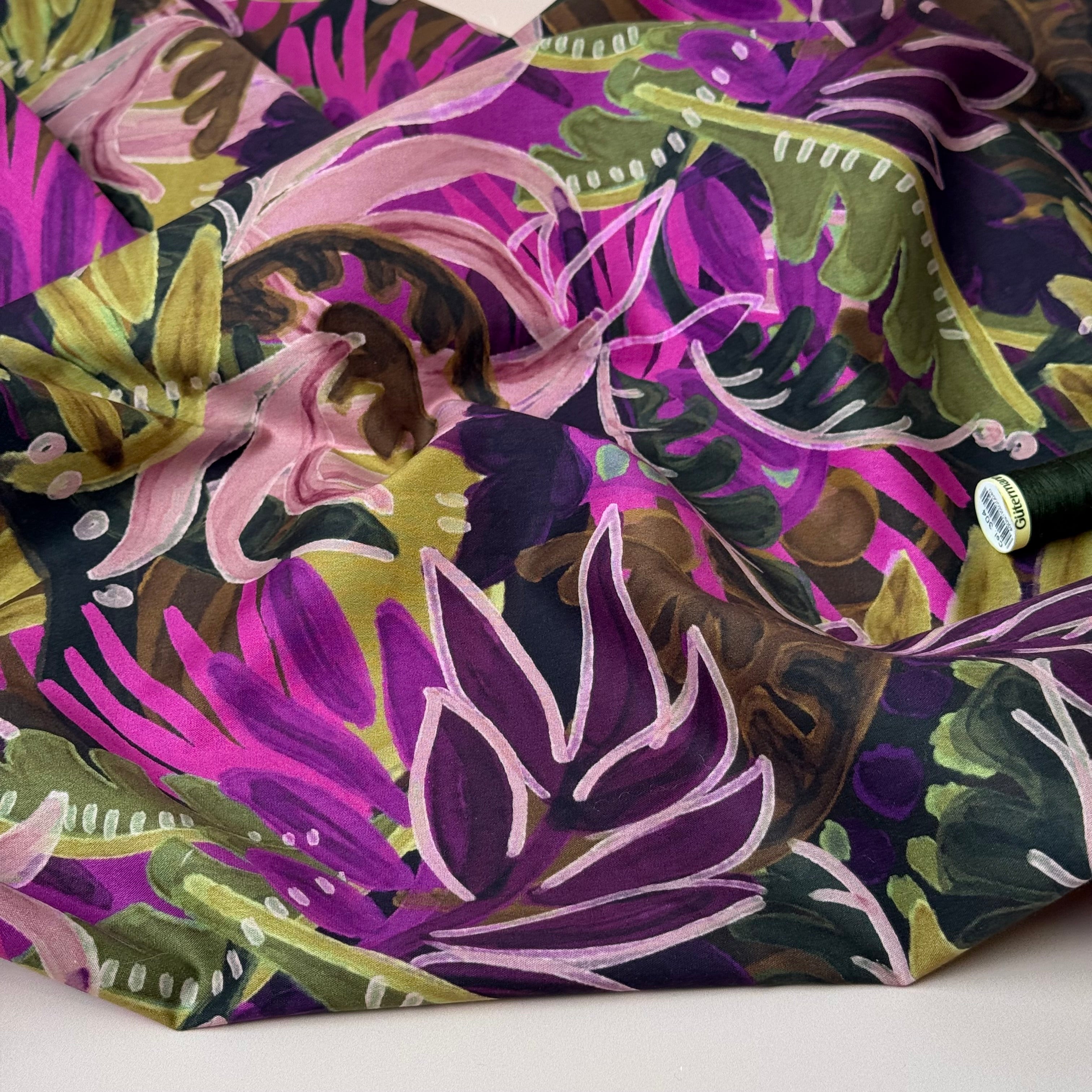 Tropical Foliage Magenta Cotton Viscose Fabric