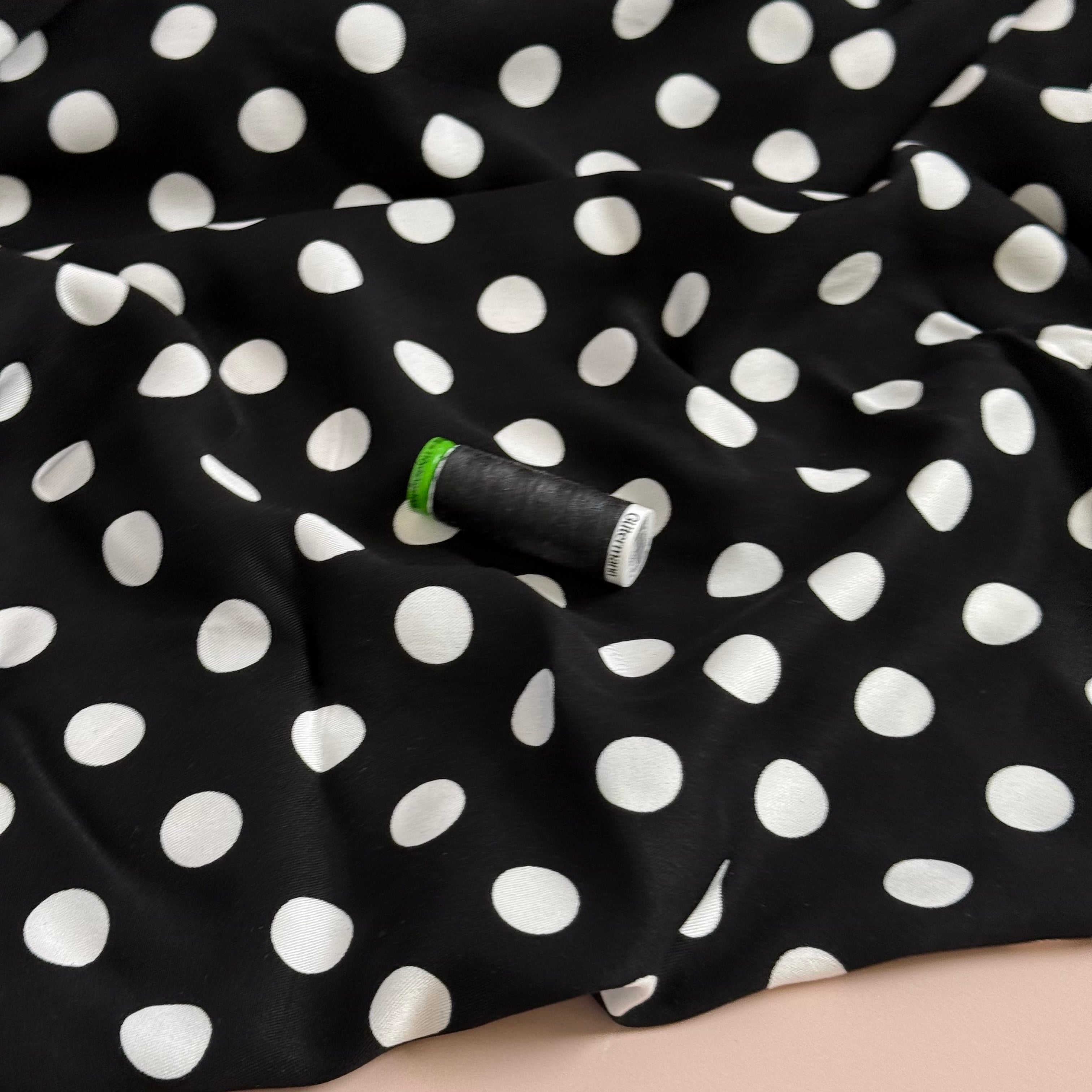 Classic Polka Black Viscose Twill Fabric