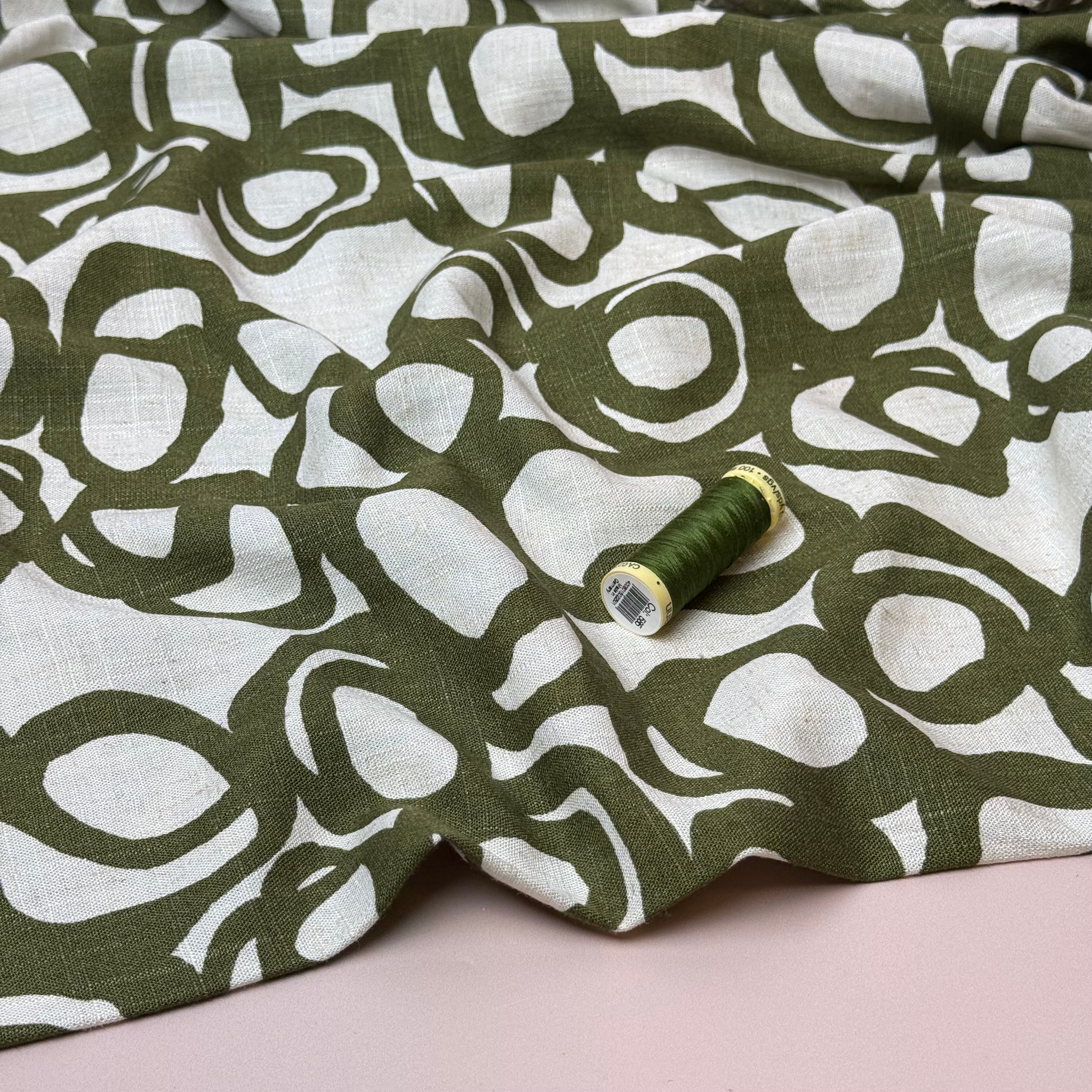 Swirls Olive on Neutral Viscose Linen Fabric