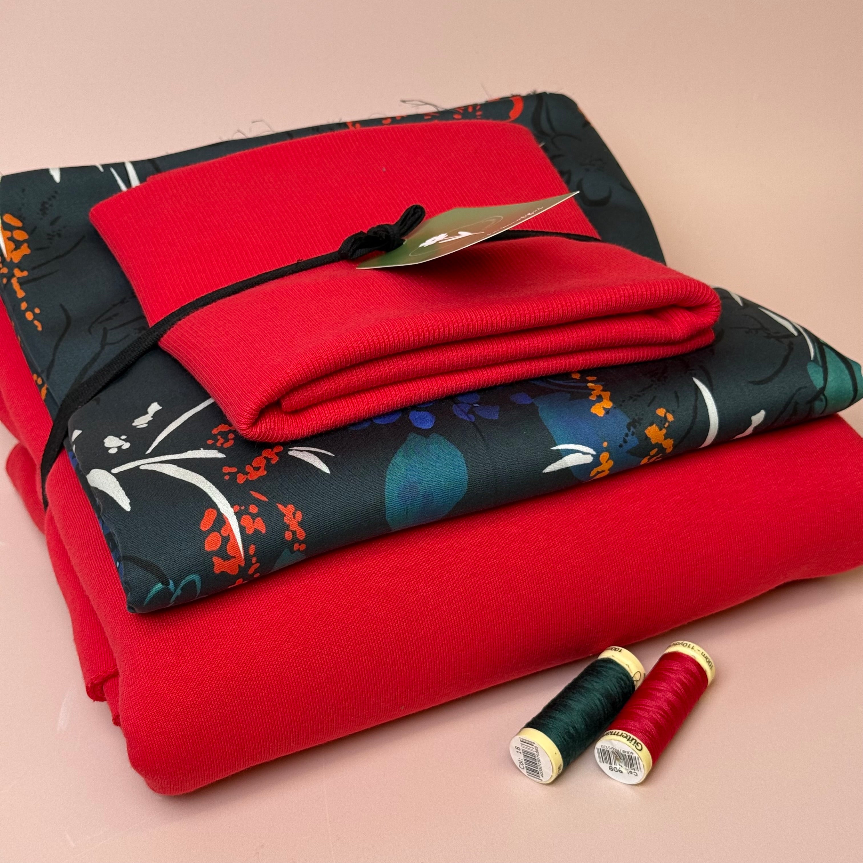 Make an Outfit Colour Bundle - Midnight Blooms Tencel Sateen & Sweatshirting in Red with Ribbing