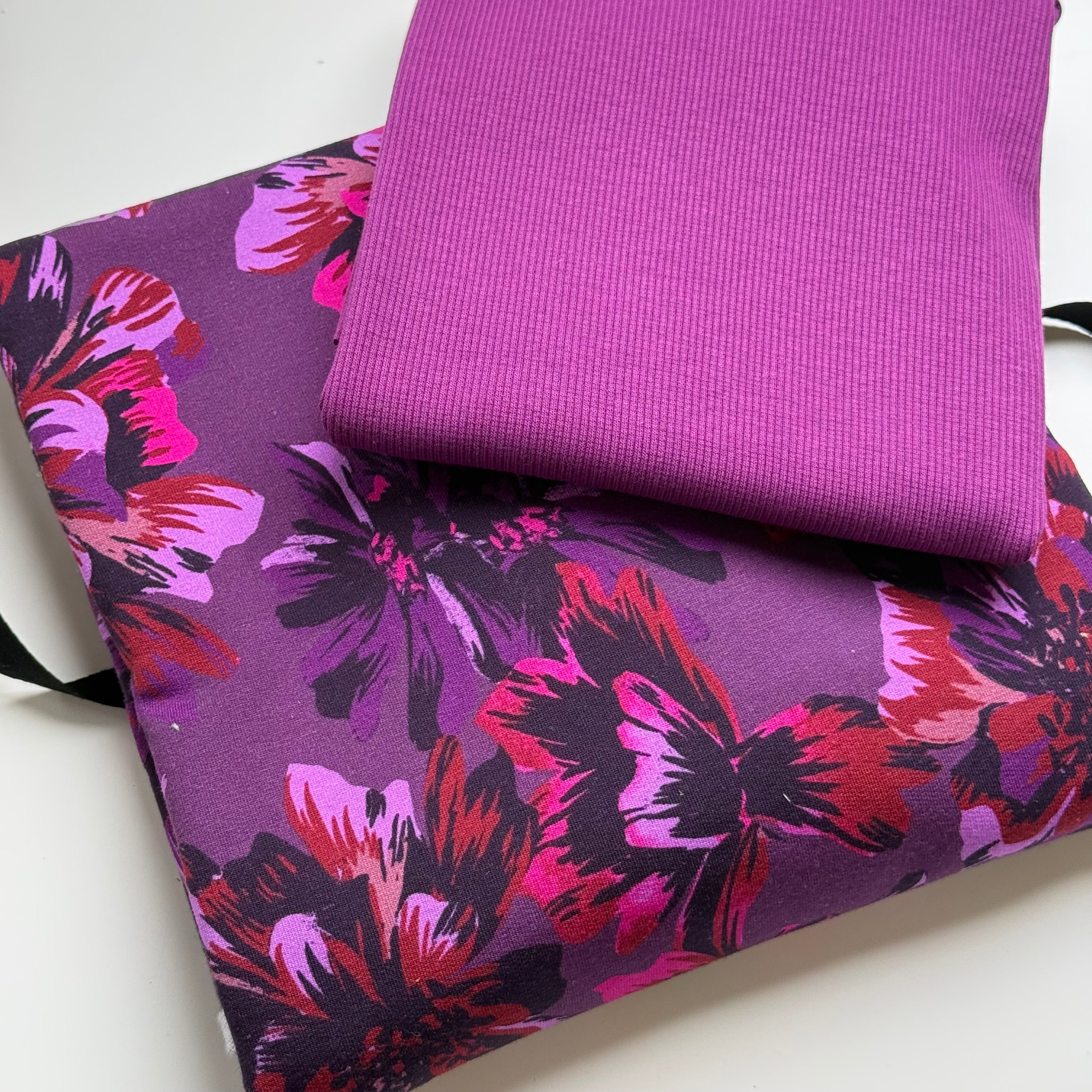 Colour Bundles - Magenta Flowers Cotton Sweatshirting & Matching Ribbing