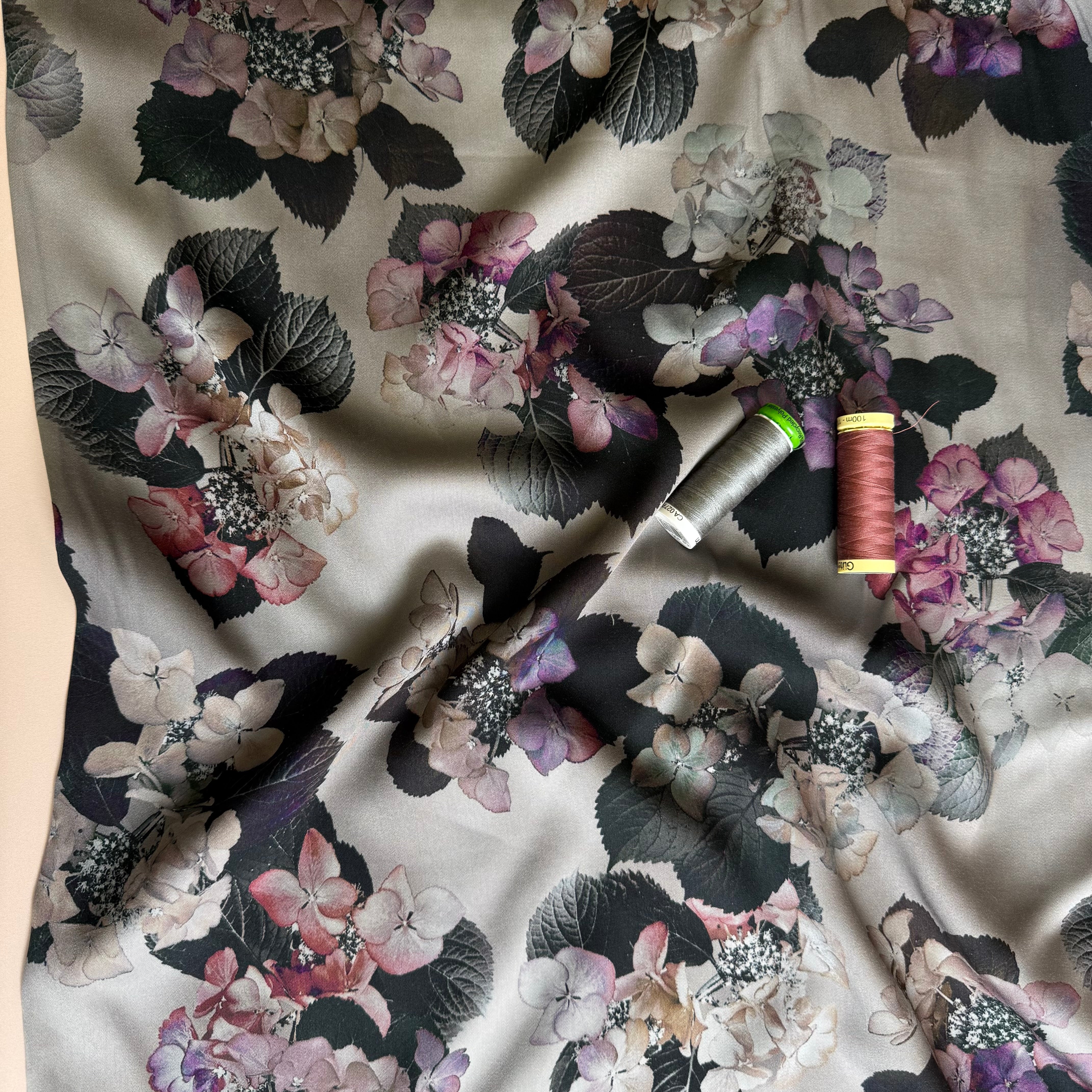 Hydrangeas on Silver Viscose Sateen Fabric