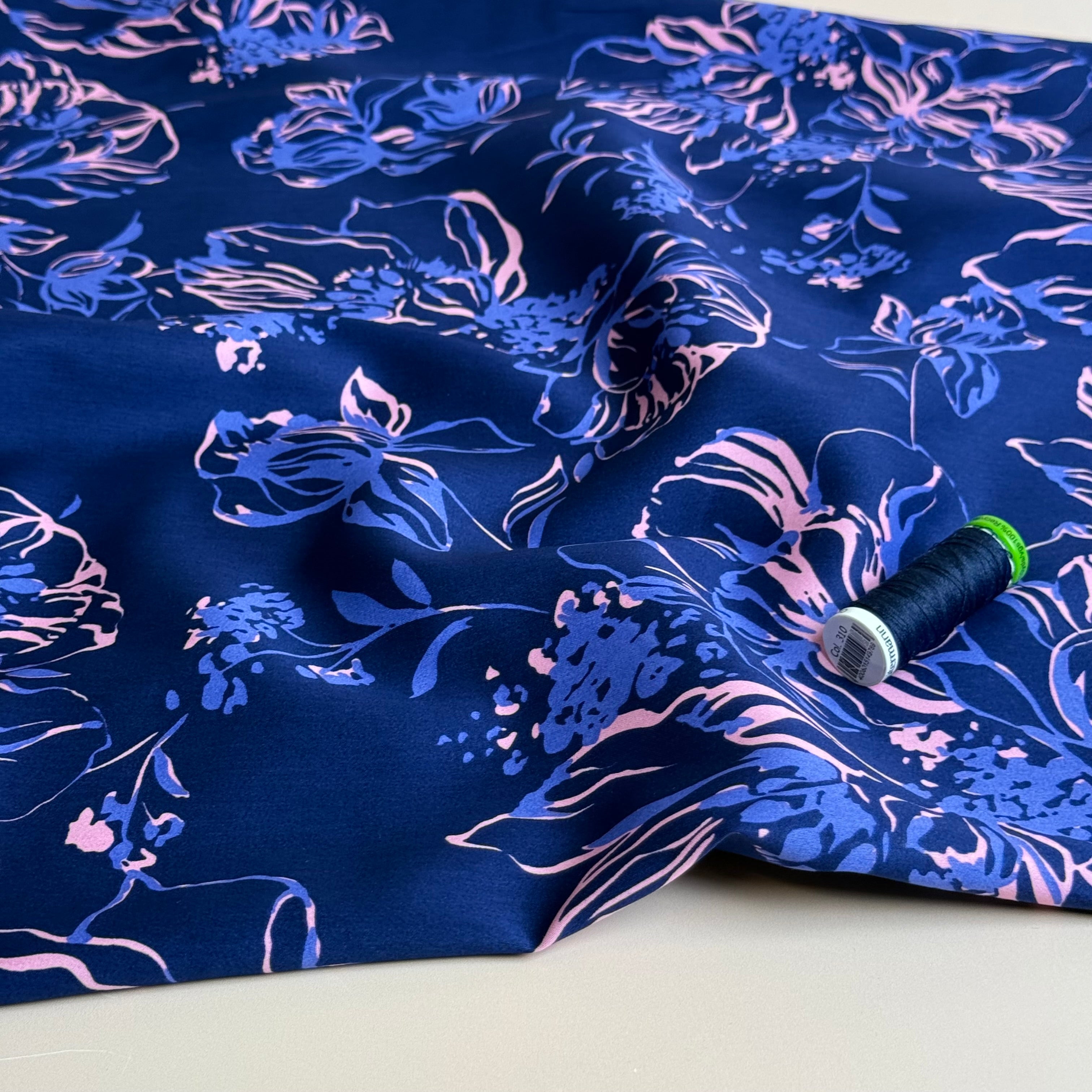 Line Flowers on Navy Cotton Sateen Fabric