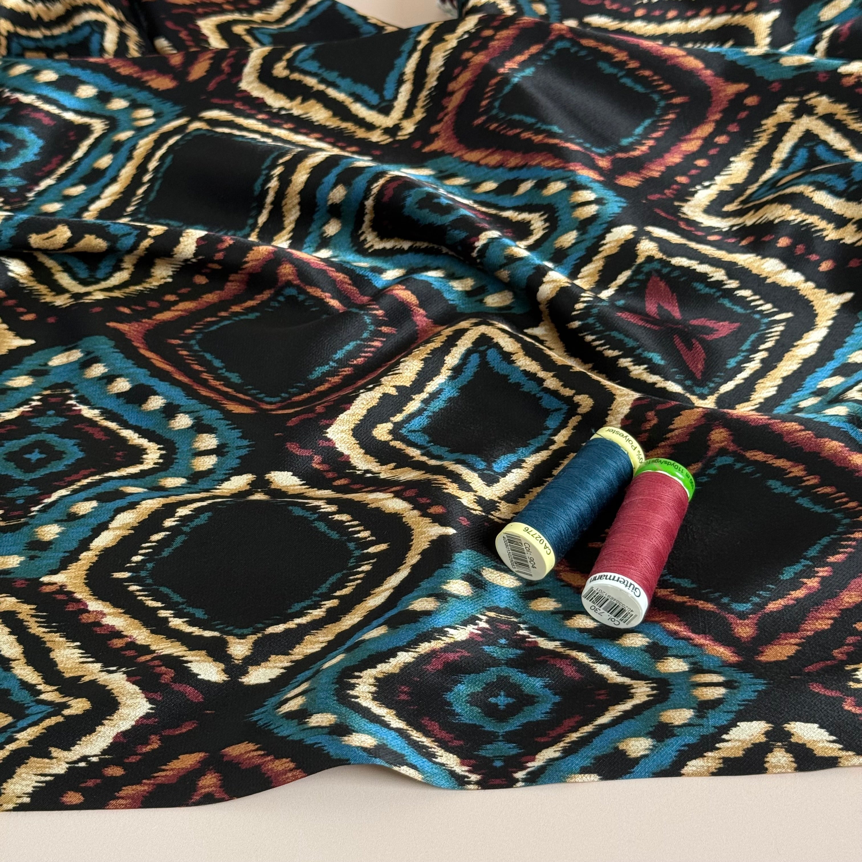 Retro Shapes Spun Viscose Sateen Fabric