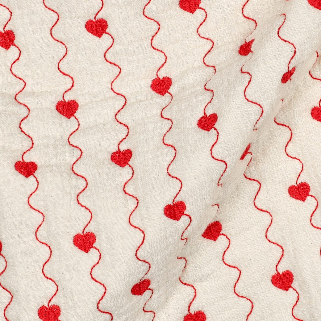 Embroidered Hearts on Off-White Quilted Cotton