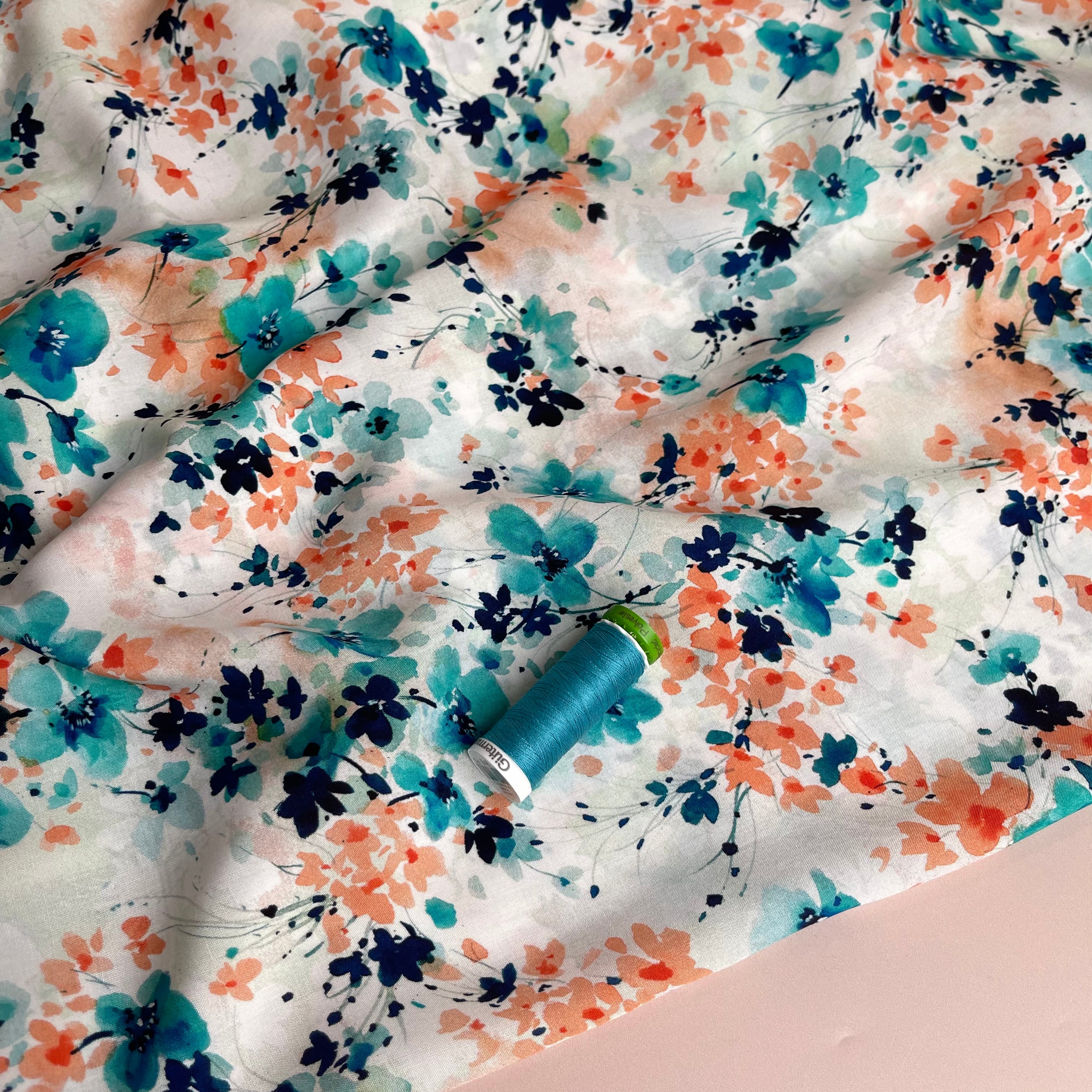 Watercolour Spring Flowers Viscose Fabric