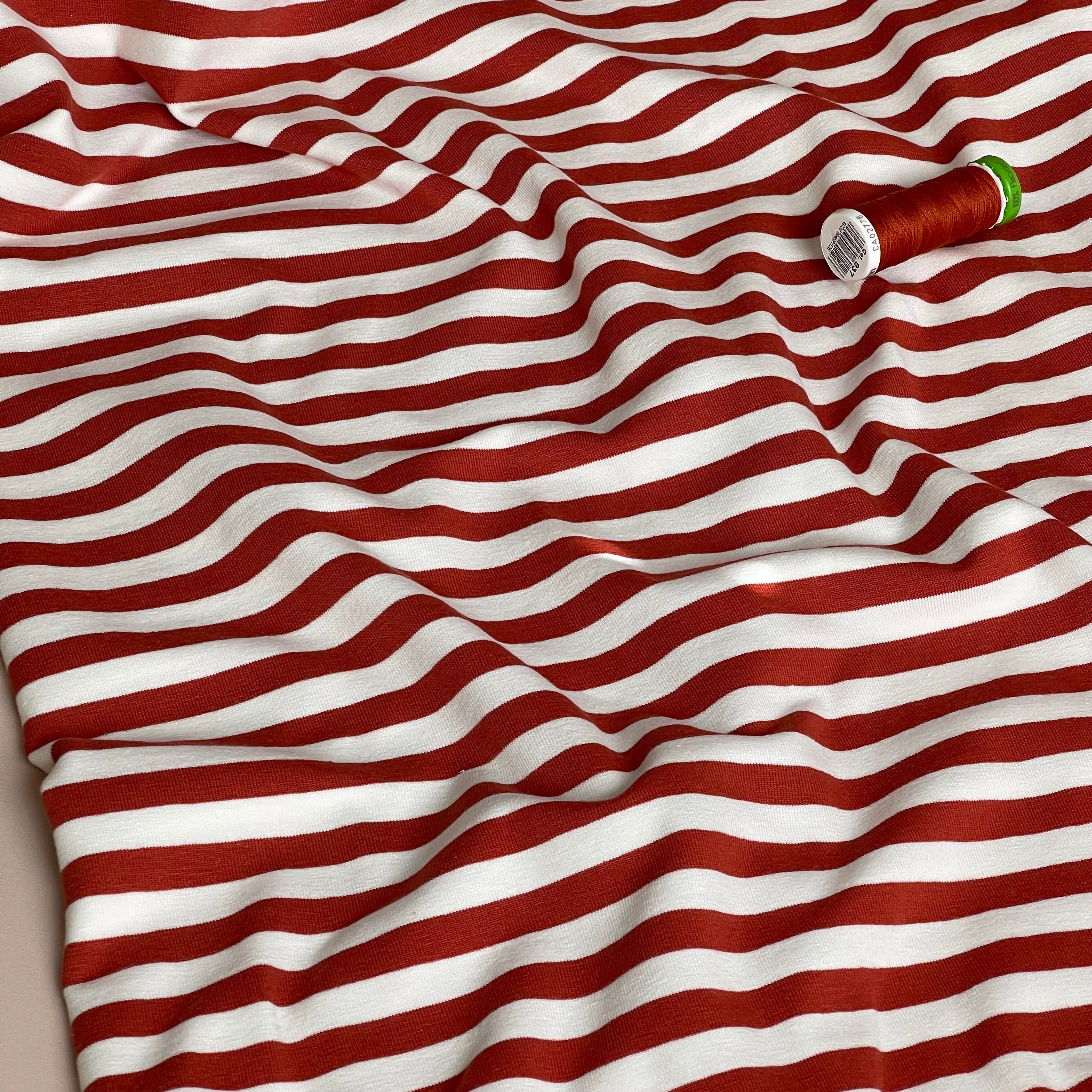 Yarn Dyed Brick Red Breton Stripe Cotton Jersey Fabric