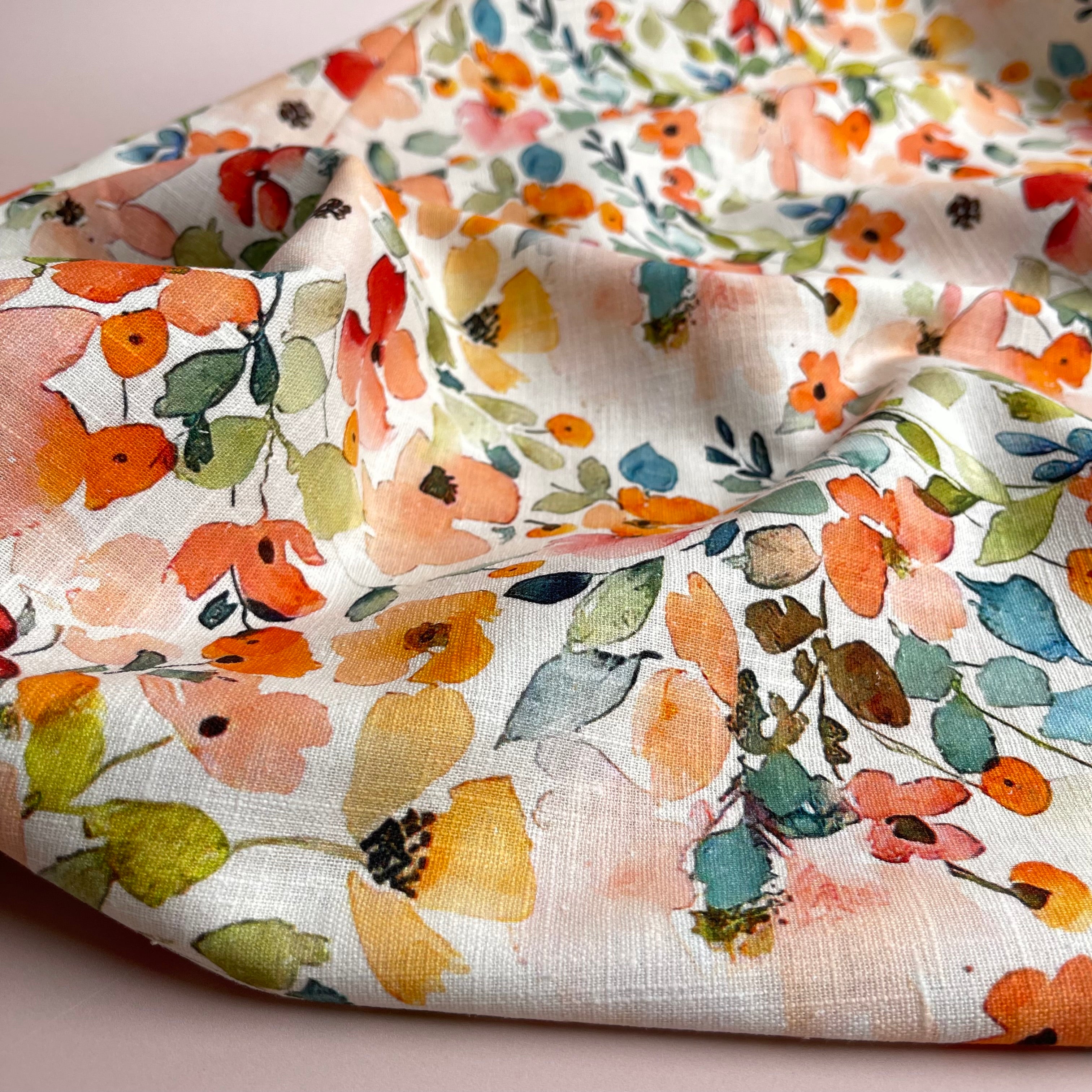 REMNANT 1.29 MetresWatercolour Bouquet Linen Cotton Blend Fabric