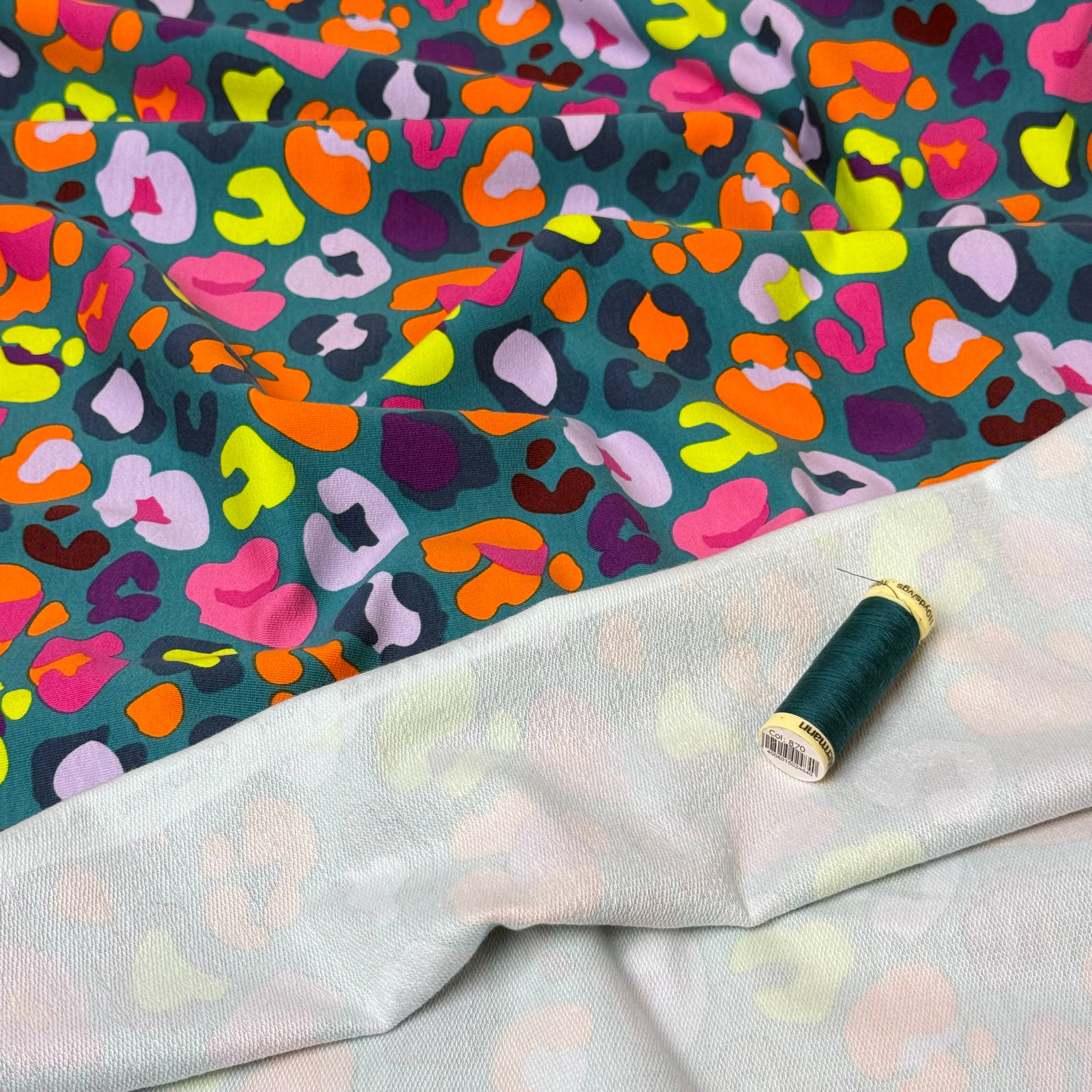 Rainbow Leopard on Teal Cotton French Terry