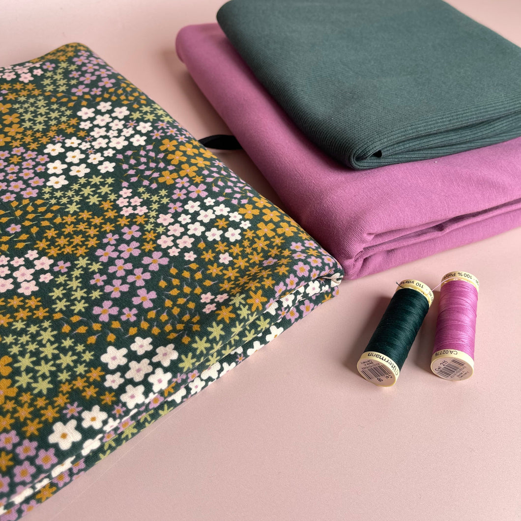 Colour Bundles - Ditsy Flowers Green Cotton French Terry and Jersey with Ribbing