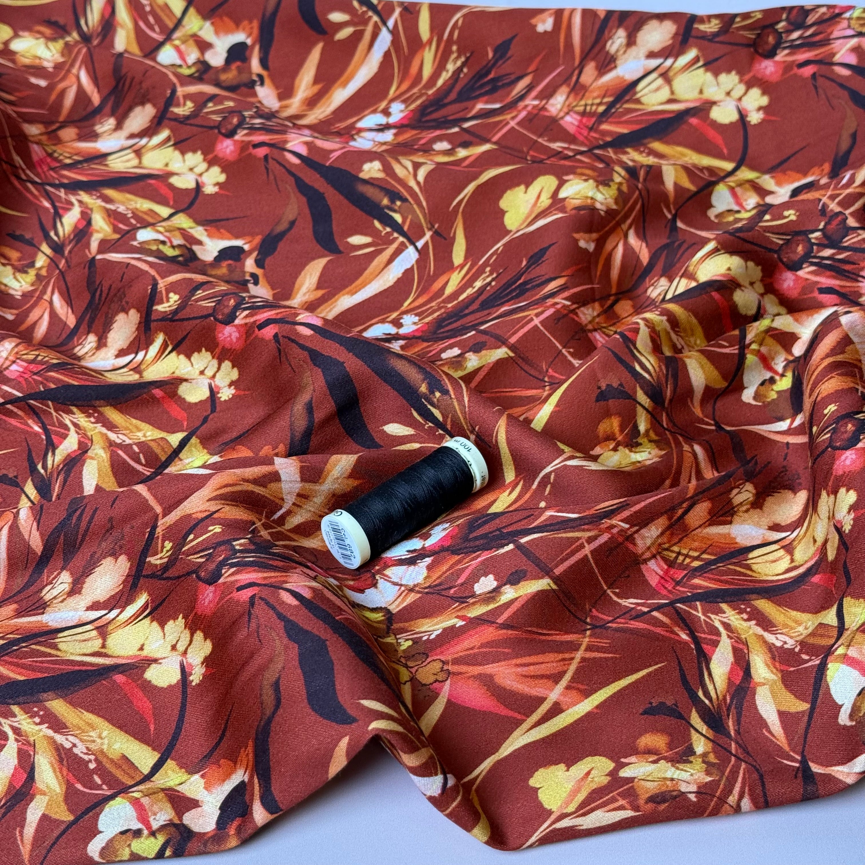 Autumn Foliage Burnt Sienna Viscose Sateen Fabric