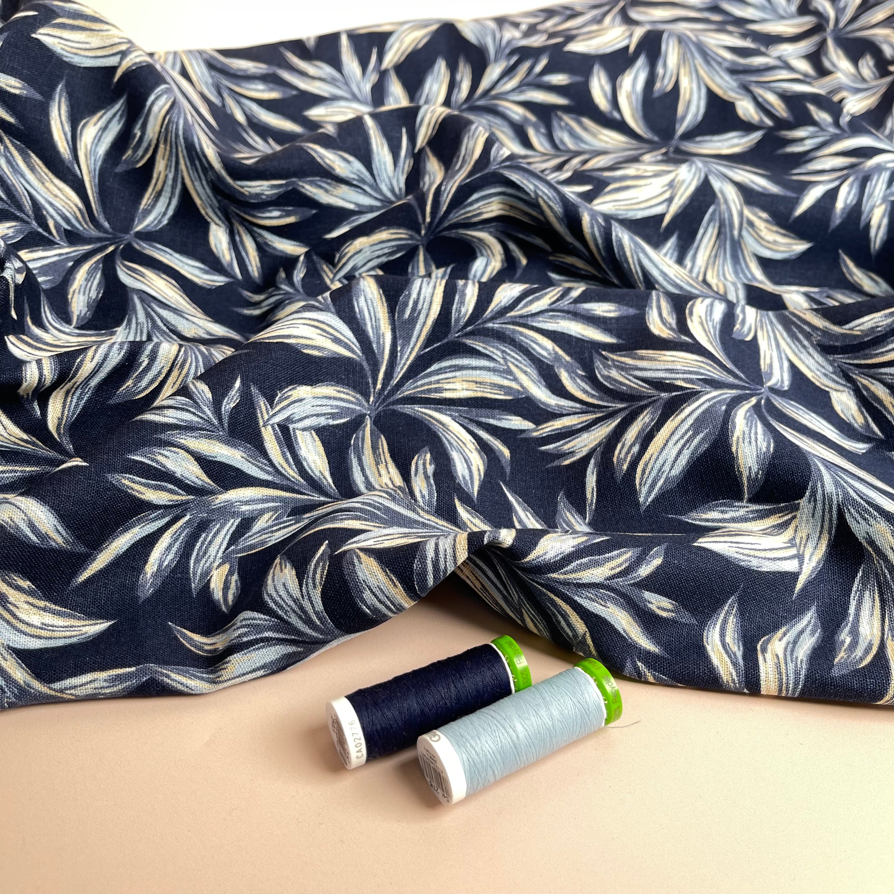 Leaves on Navy Washed Linen Viscose Blend Fabric