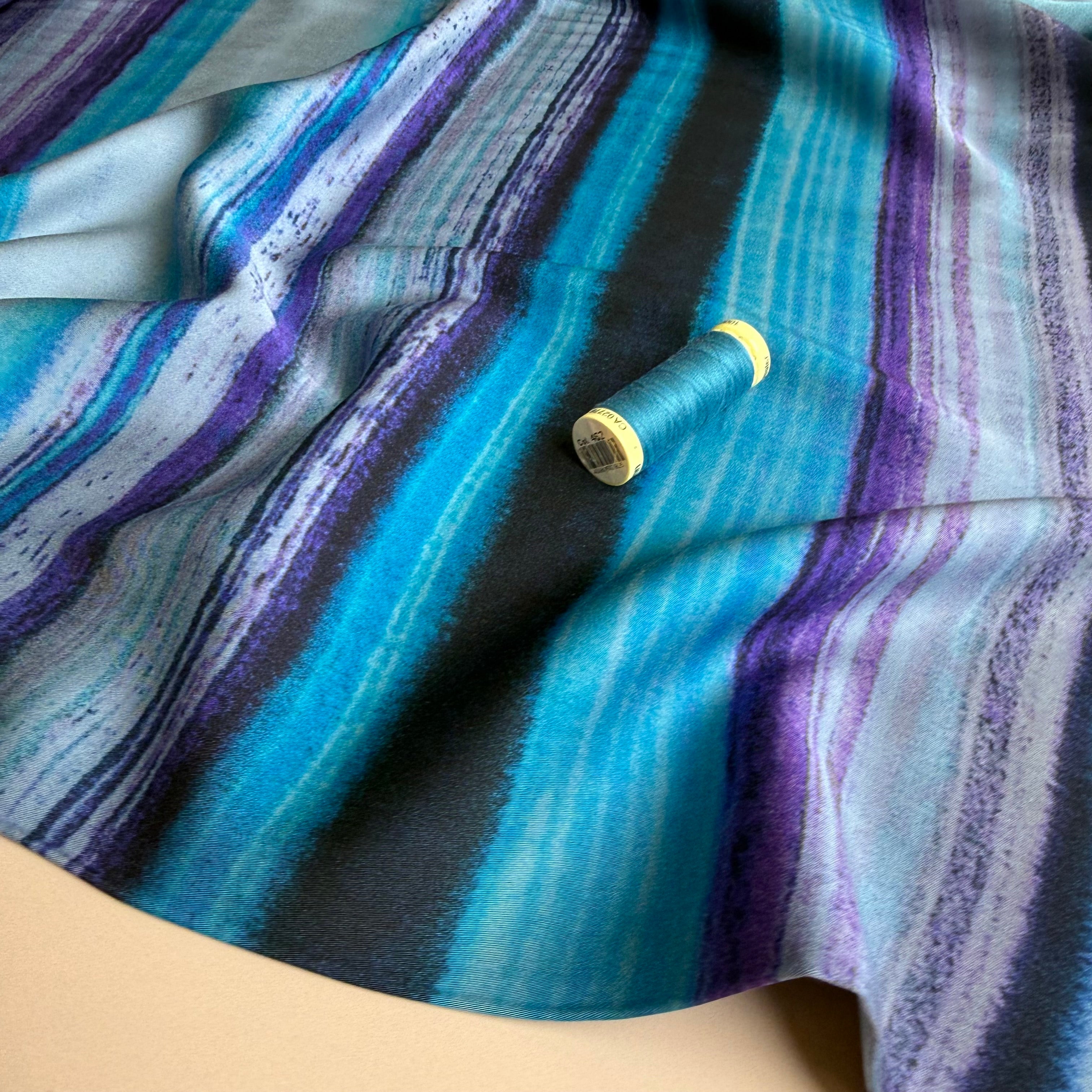Hazy Horizontal Stripes Ocean Viscose Sateen Fabric
