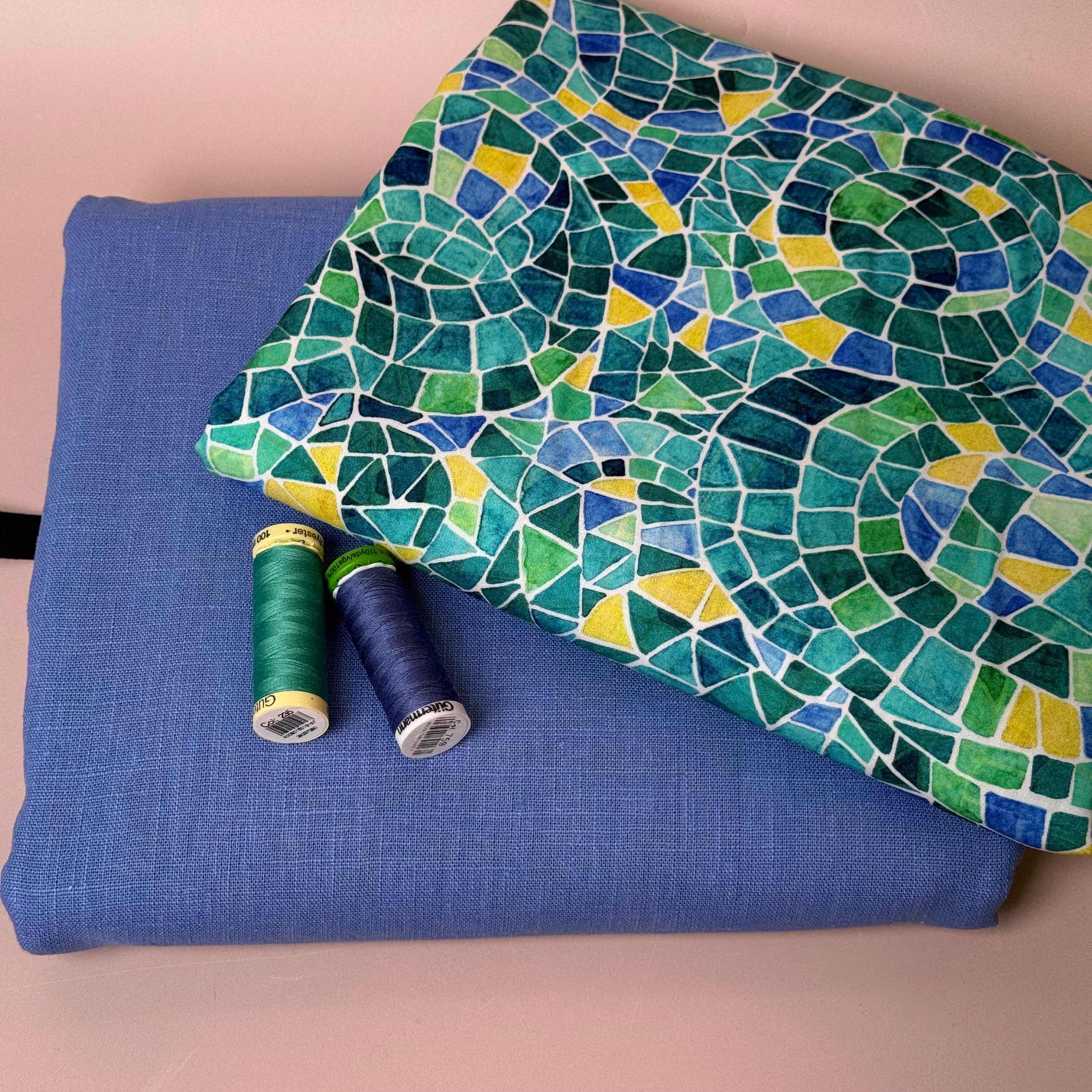 Make An Outfit Colour Bundle and Sewing Kit - Regalia Blouse in Emerald Mosaics and Spring Trousers in Sky Haze Linen